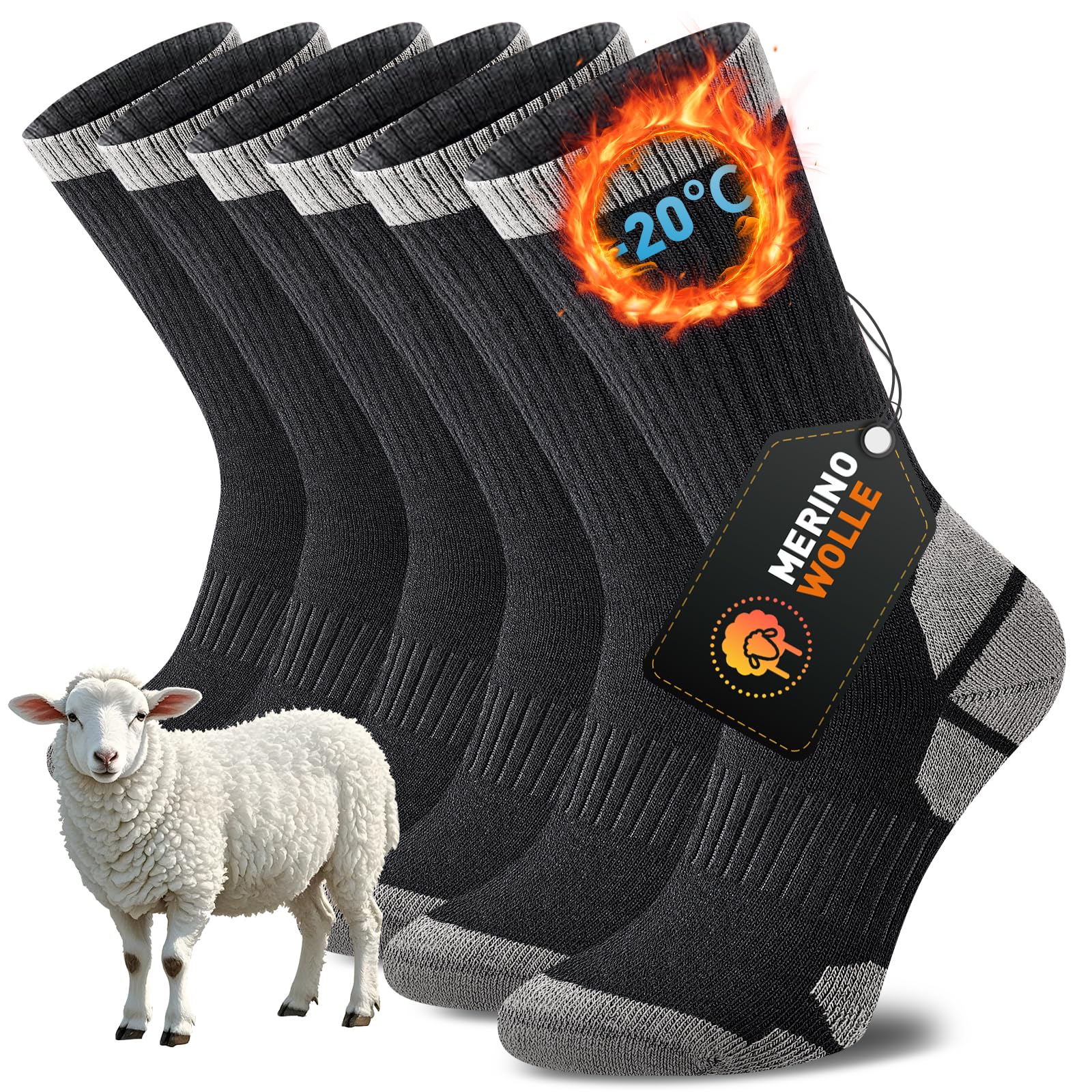 Niorasen Merino Socken Herren Damen, Dicke Wandersocken, Funktions Merinowolle Outdoor Socken, Anti-Blasen Merinowolle Arbeitssocken, Gepolstert Wollsocken, Laufsocken, Sportsocken, Unisex 3 Paar
