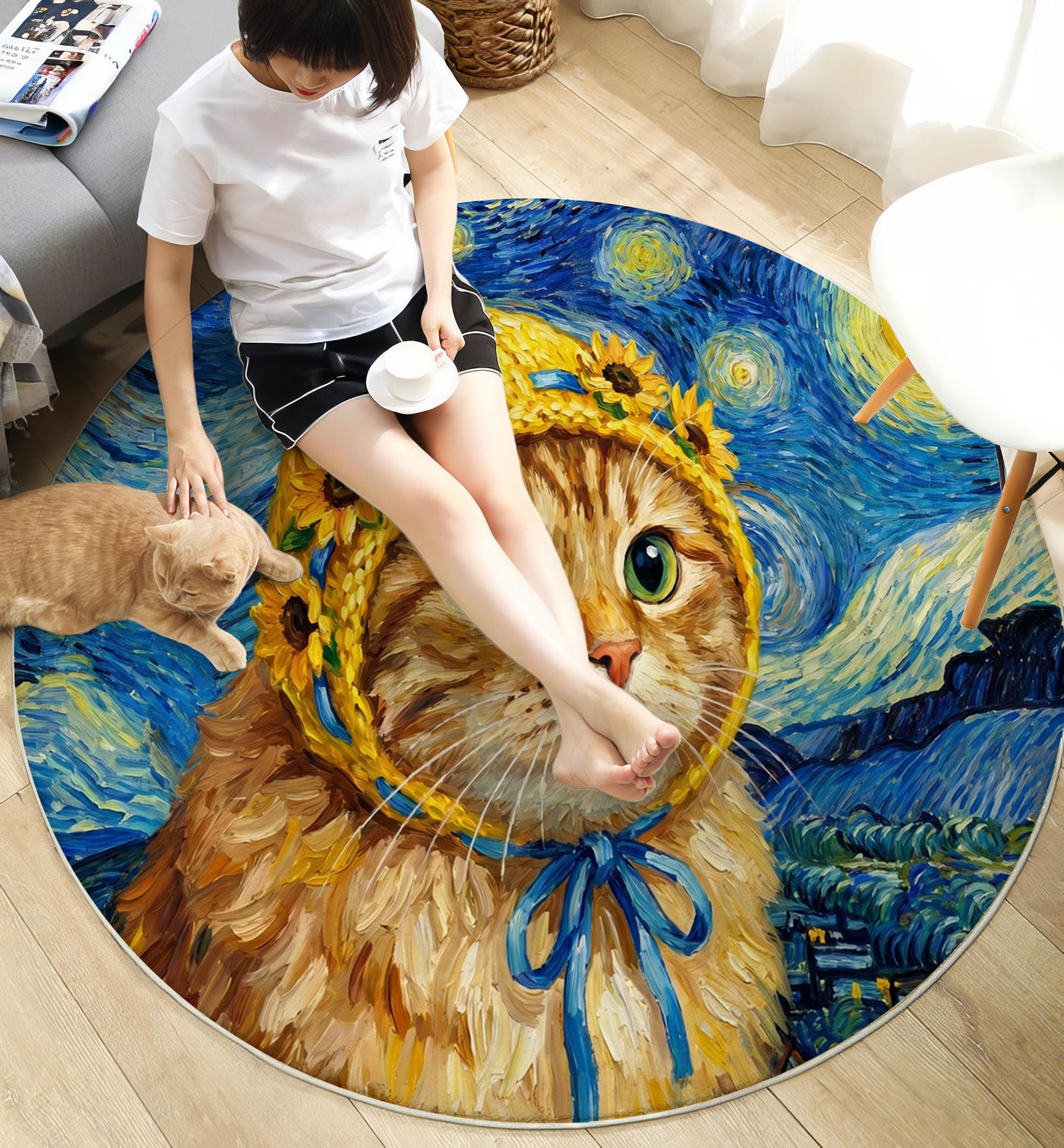 Tapis Rond Salon Lavable Peintures Humoristiques À L'Huile Animaux 100 Cm | Chats Ciel Étoilé Bleu Marine Tapis De Sol Décoration Antidérapant Pour Chambre Cuisine Salle À Manger