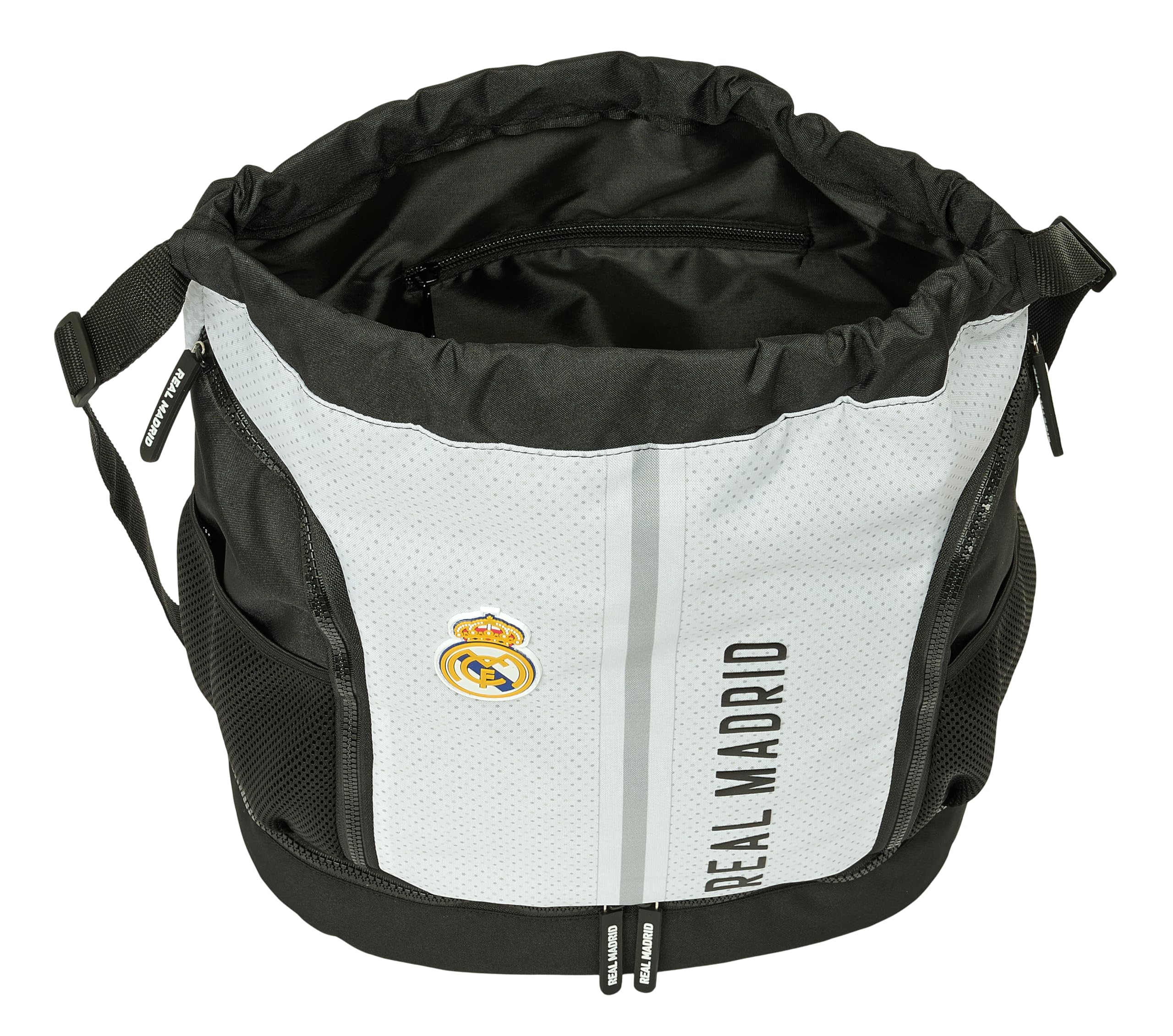 REAL MADRID 1ª EQUIPACIÓN 24/25 - Mochila Saco, Mochila, Ideal para Niños de Diferentes Edades, Cómoda y Versátil, Calidad y Resistencia, 34x15x43 cm, Color Blanco/gris