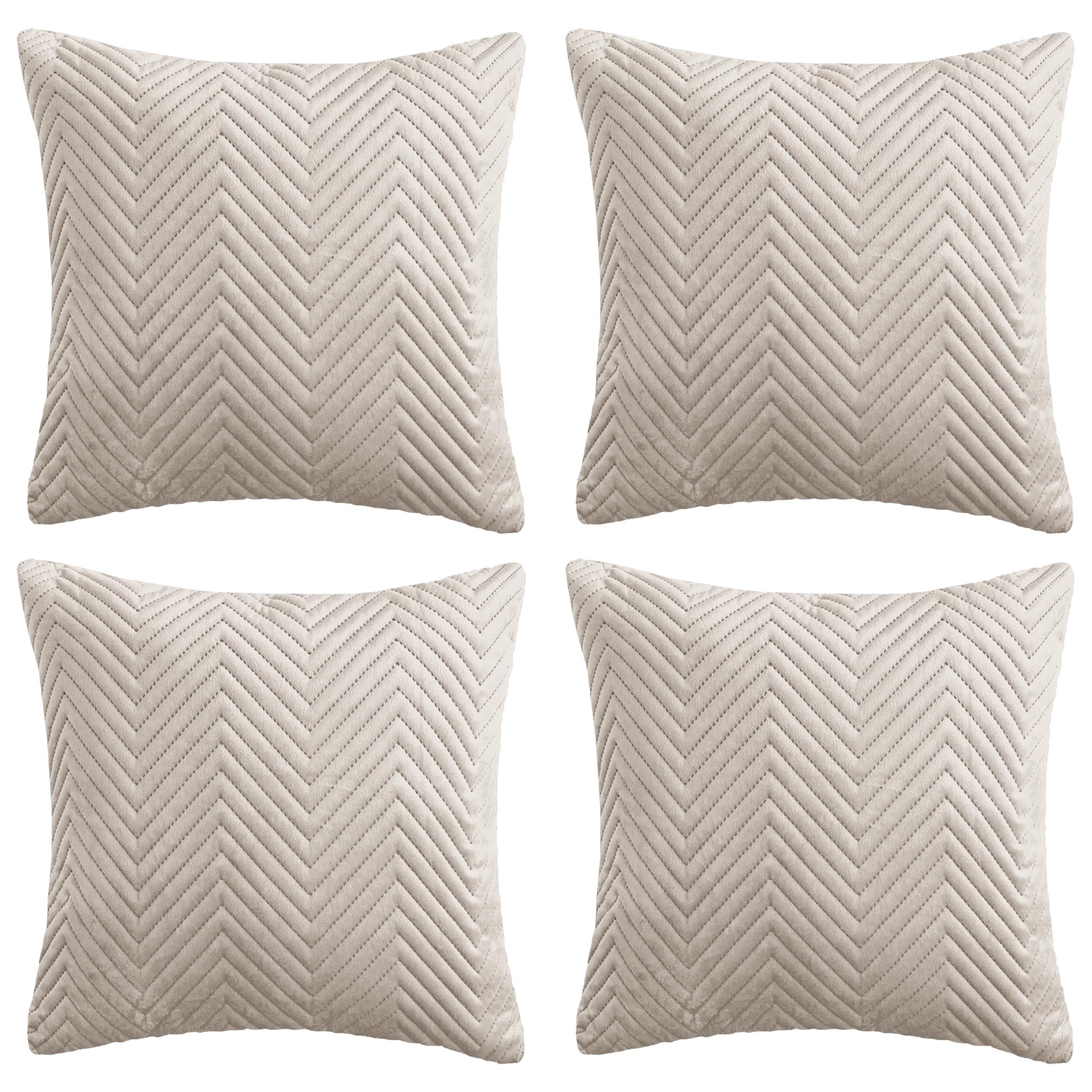 Hafaa Cushions with Covers Included 45 x 45 Cm Set of 8 (4 Beige Cushion Covers, 4 Cushion Inserts) - Ultrasonic Velvet Square Throw Pillow Case Decorative Sofa Cushion with Invisible Zipper