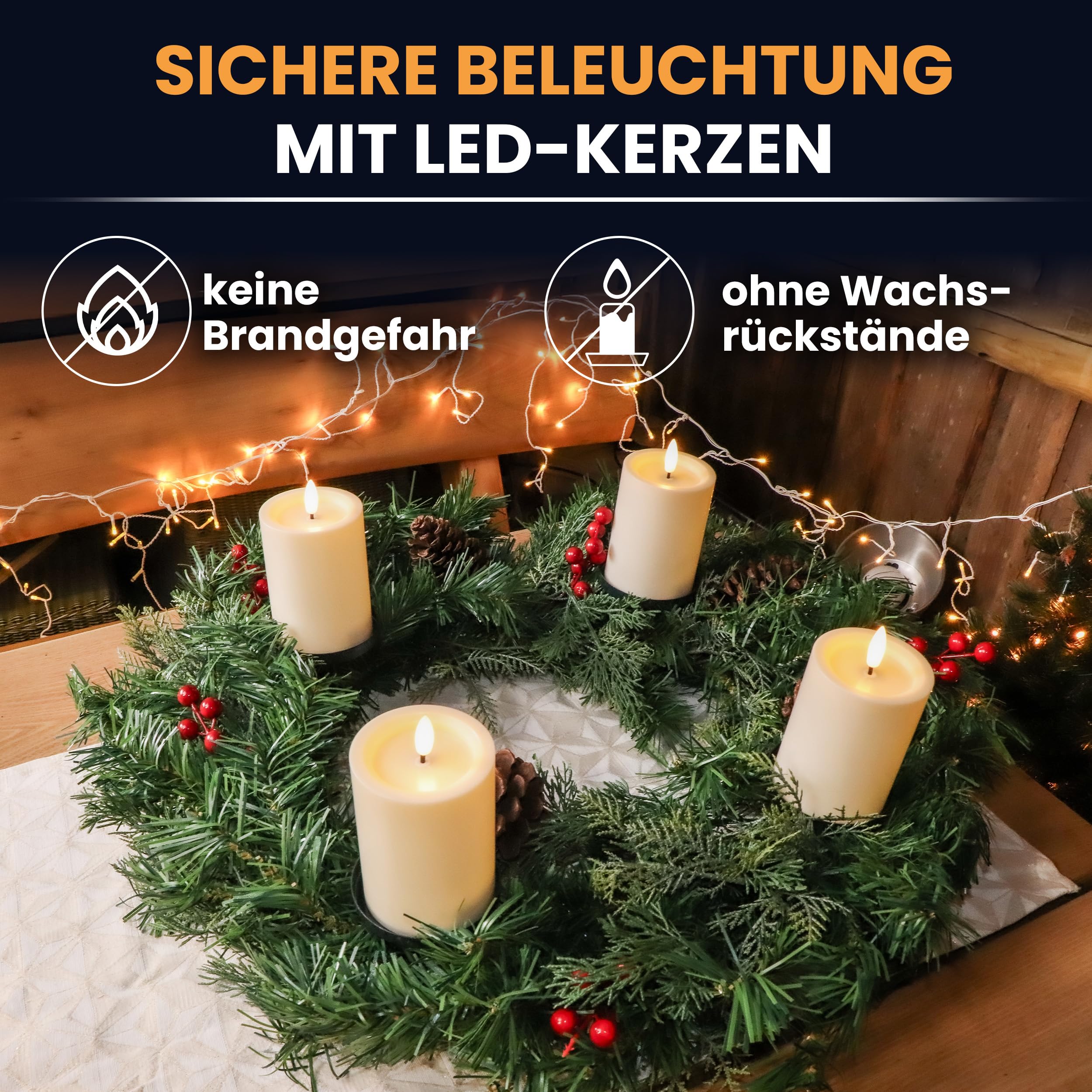 Gartenpirat Künstlicher Adventskranz Ø 60 cm mit 4 LED-Kerzen Flacker-Effekt Weihnachtskranz mit Tannenzapfen und roten Beeren geschmückt Adventsgesteck