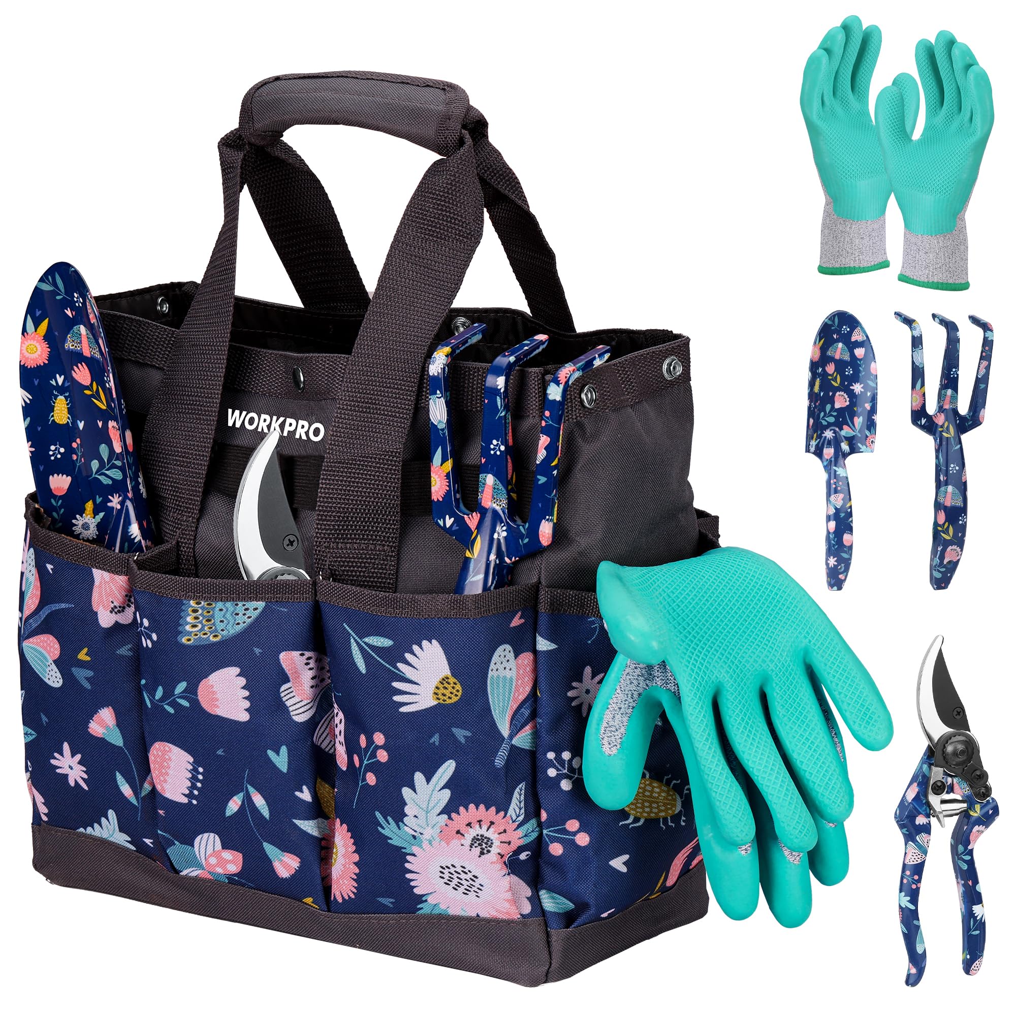 WORKPRO 5PCS Garden Tool Set, Aluminum Heavy Duty Gardening Tool Set with Garden Tool Bag, Outdoor Garden Hand Tools, Blue Insect and Flower