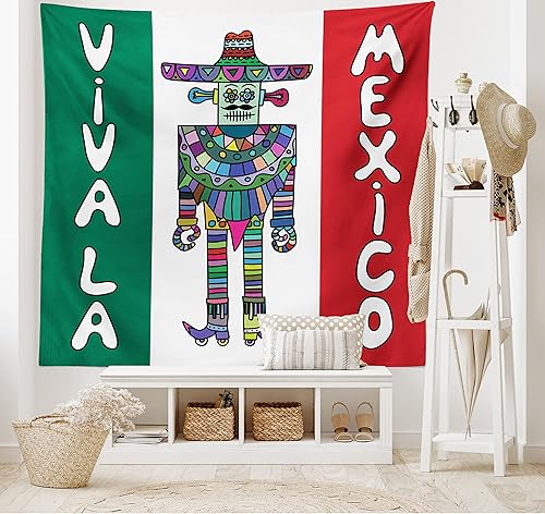 Miniatura 2 de Lunarable Tapiz mexicano, personaje robot de México con sombrero y poncho en la parte trasera de la bandera nacional, impresión clásica, decoración