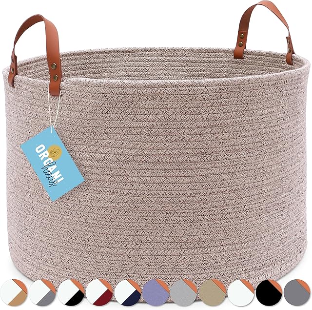 OrganiHaus Extra Large Cotton Rope Basket with Real Leather Handles | Woven Basket | Baby Woven Laundry & Blanket Basket | Large Toy Storage Basket for Kids & Rope Storage Basket Woven 50x33cm - Brown
