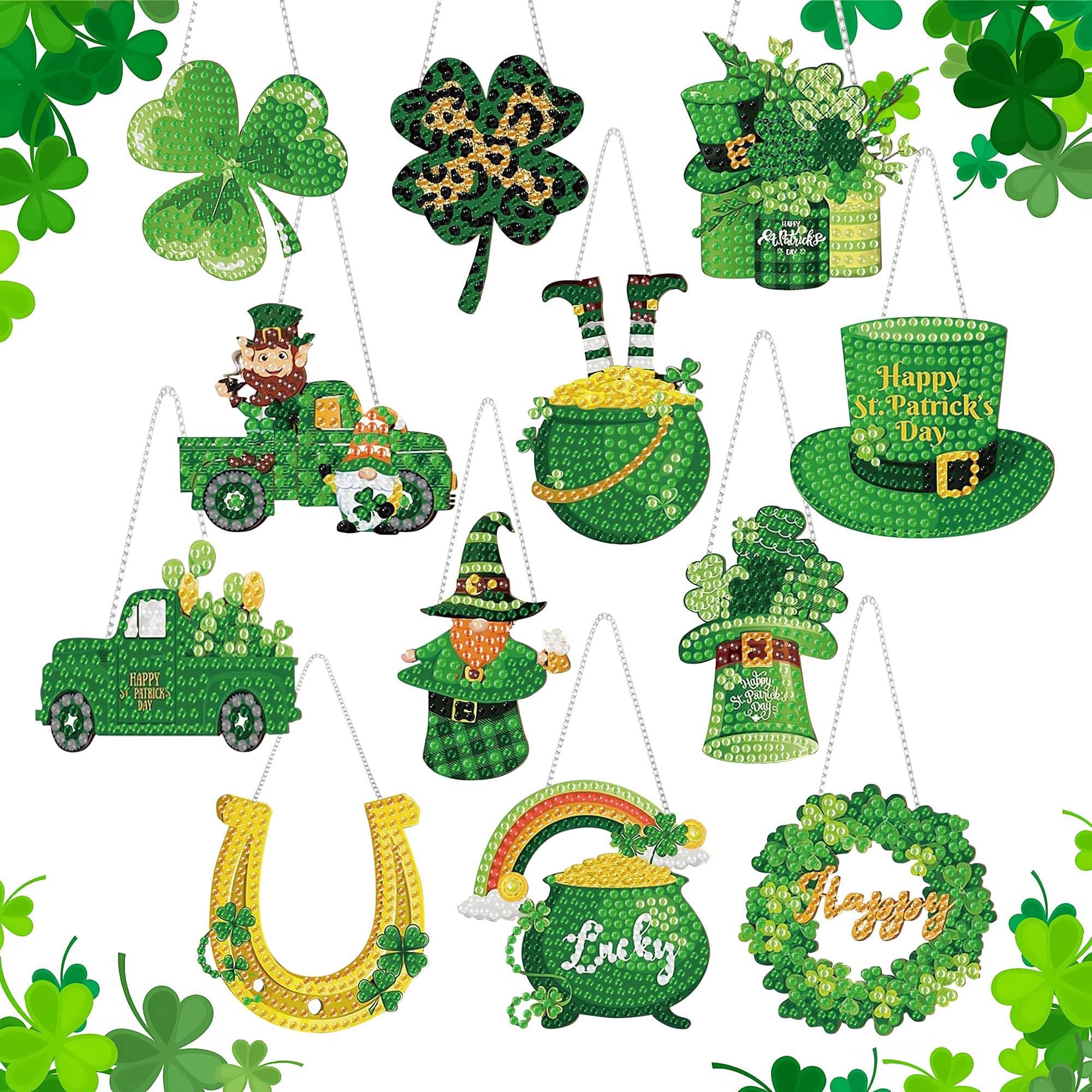 12Pack St.Patricks Day Diamond Art Hanging Kit for Beginner Adult DIY Acrylic Diamond Art Painting , St. Patrick's Day decorations, Irish style party hanging decorations for Wall Door Festival Decor
