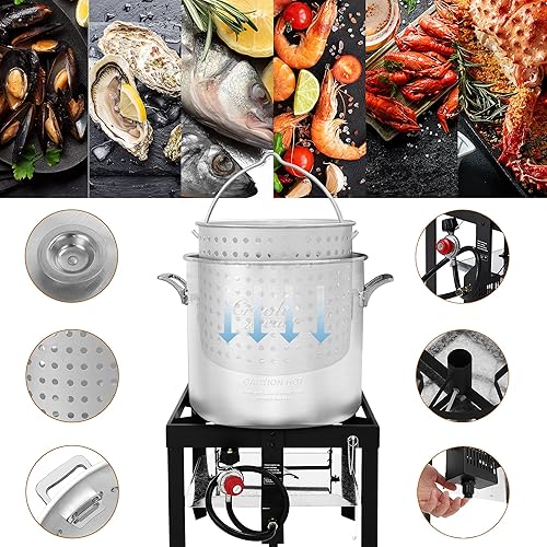 Miniatura 4 de Creole Feast SBK1001 Kit de hervir mariscos con colador, caldera de gas propano de aluminio para exteriores con regulador de 10 PSI, plata y