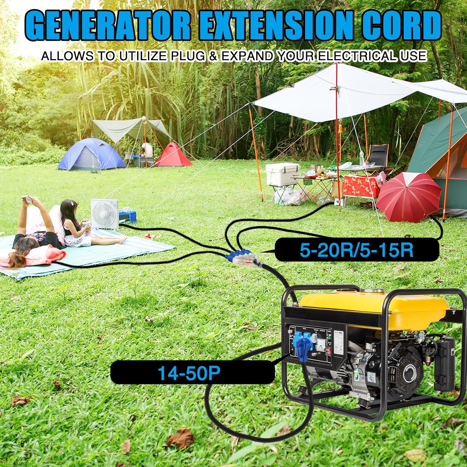 10FT 14-50P to 4x 5-20R/5-15R RV Generator Adapter, 4 Prong 50A to 4X 15/20A 110V Household Outlet Distribution Adapter, RV Generator Extension Cord with Cord Organizer 10 Gauge ETL Listed