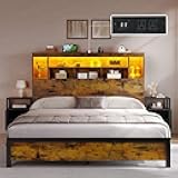 Queen Size Bed Frame with Storage Bookcase Headboard & RGB LED Lights, Slide Out Bedside Storage, Charging Station, Heavy Duty Metal Slats, No Box Spring Needed, Noise-Free, Rustic Brown