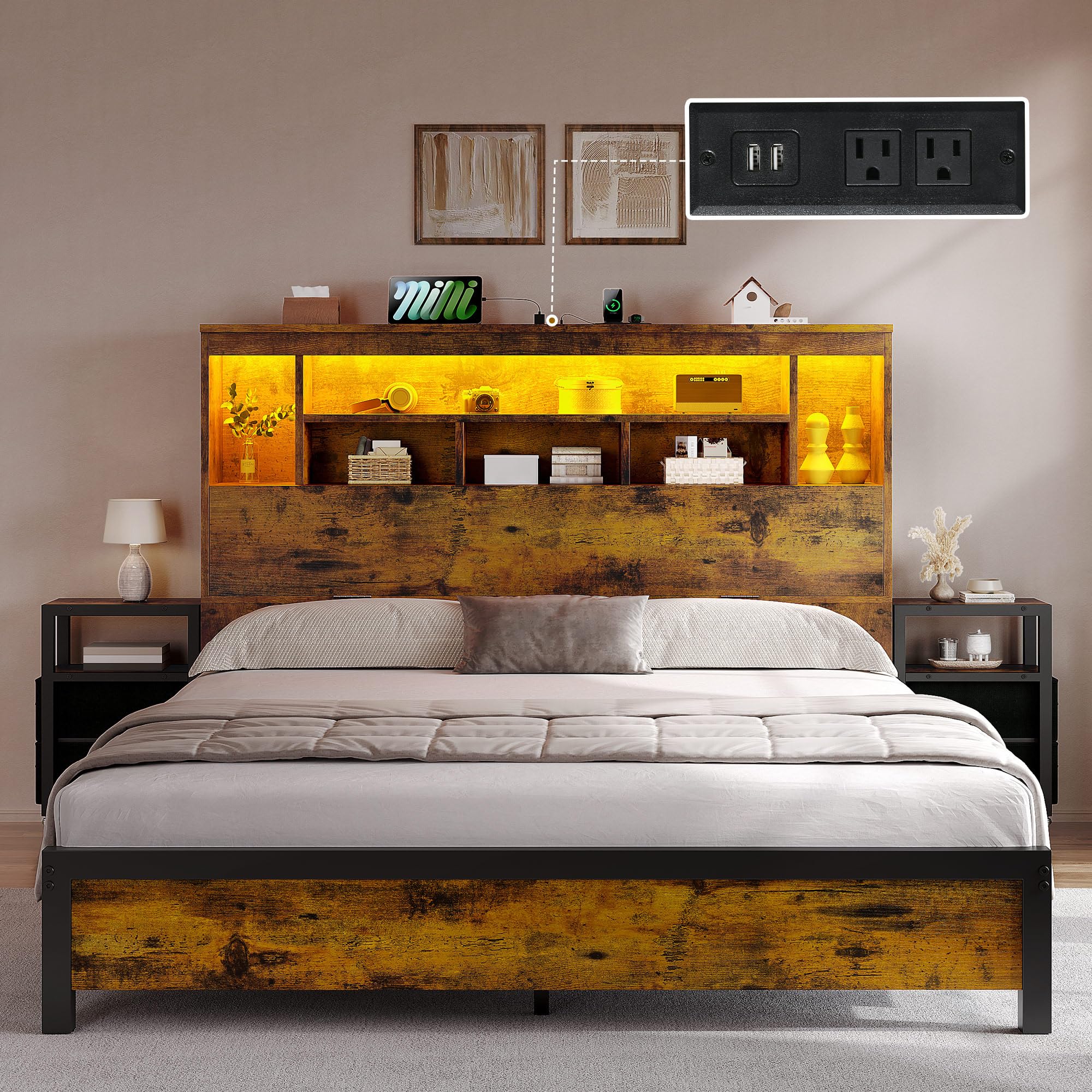 (Incomplete Set, Only 1 Box)mYITAHOME Queen Size Bed Frame with Storage Bookcase Headboard & RGB LED Lights, Slide Out Bedside Storage, Charging Station, Heavy Duty Metal Slats, No Box Spring Needed, Noise-Free, Rustic Brown