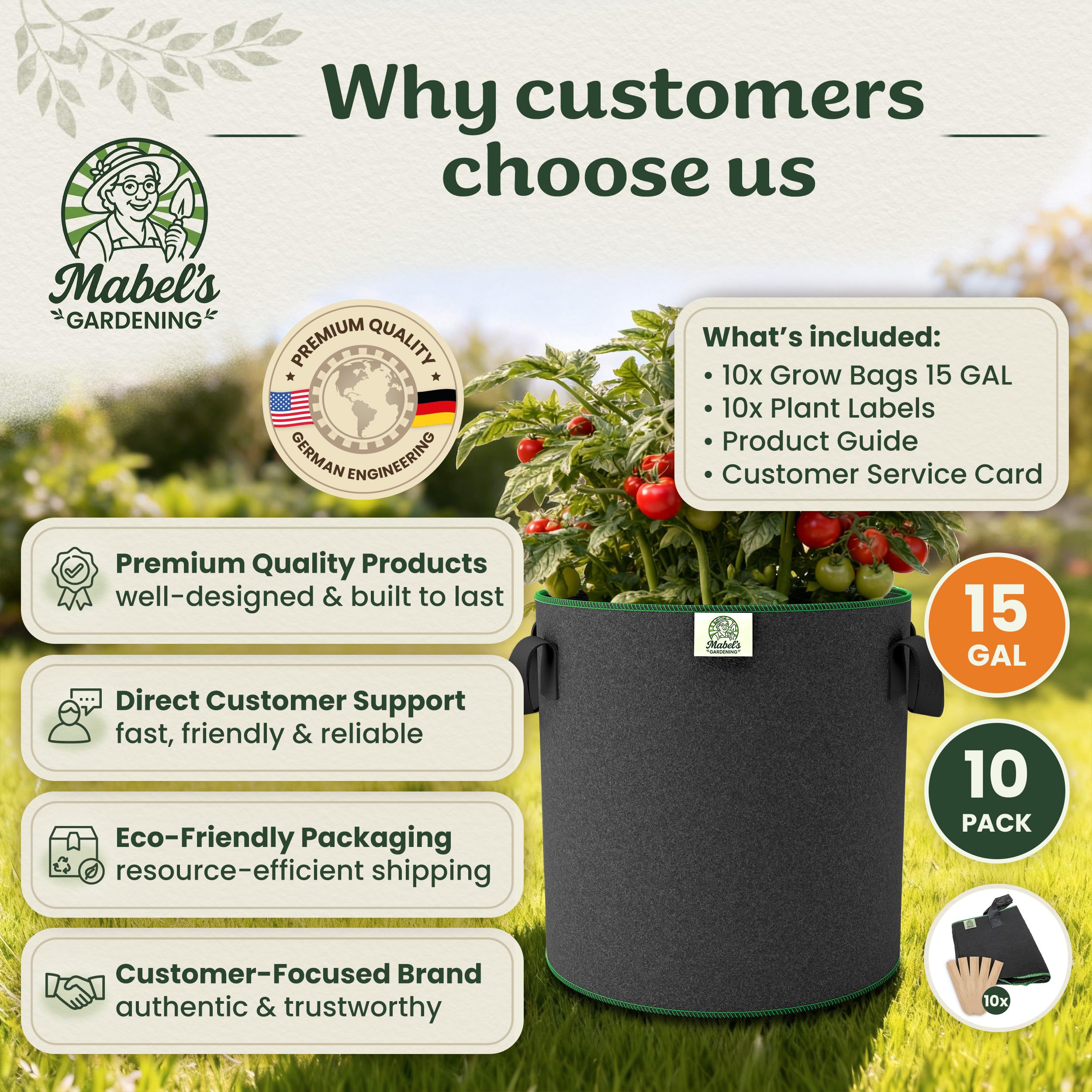 Mabel's Gardening - Confezione da 10 sacchetti per coltivazione da giardino da 300 g/m², in feltro e tessuto non tessuto, 45 x 35 cm, per zucca, patate, pomodori