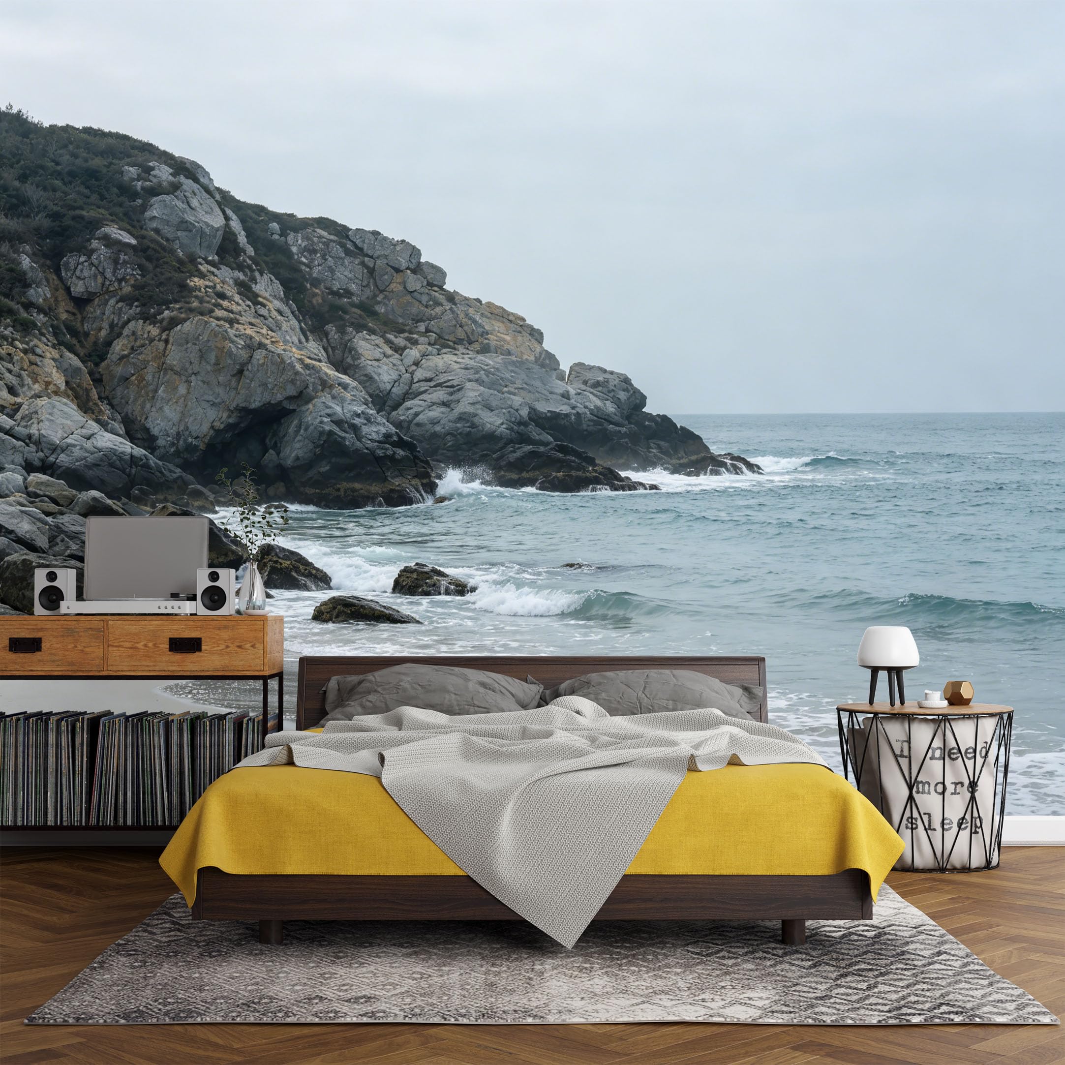 Custom Size Wall Mural， Coastal Rocky Beach Ocean Waves Shoreline Seascape，SelfAdhesive Art Prints wall Fabric (No PVC) Removable Wallpaper Living Room Decor