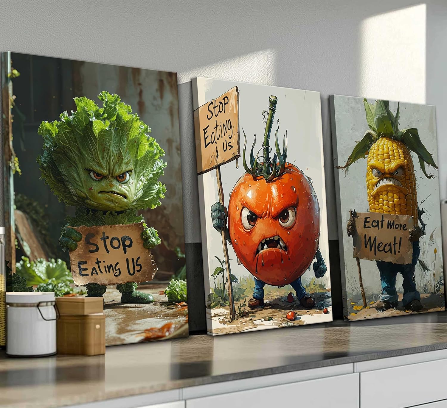 3Pcs Funny Kitchen Canvas Wall Art Whimsical Angry Lettuce Tomato and Corn Rebellion Aggressive Vegetables Food Painting Pictures Wall Decor Poster Print Artwork for Dining Home Decoration