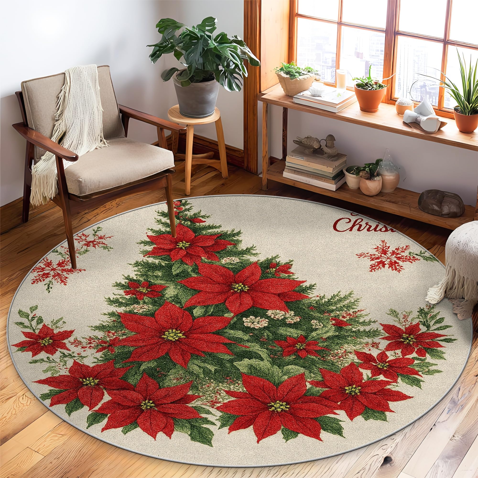 Tapis de Noël 1,5x1,5m antidérapant rouge avec motifs sapin et flocon Poinsettia