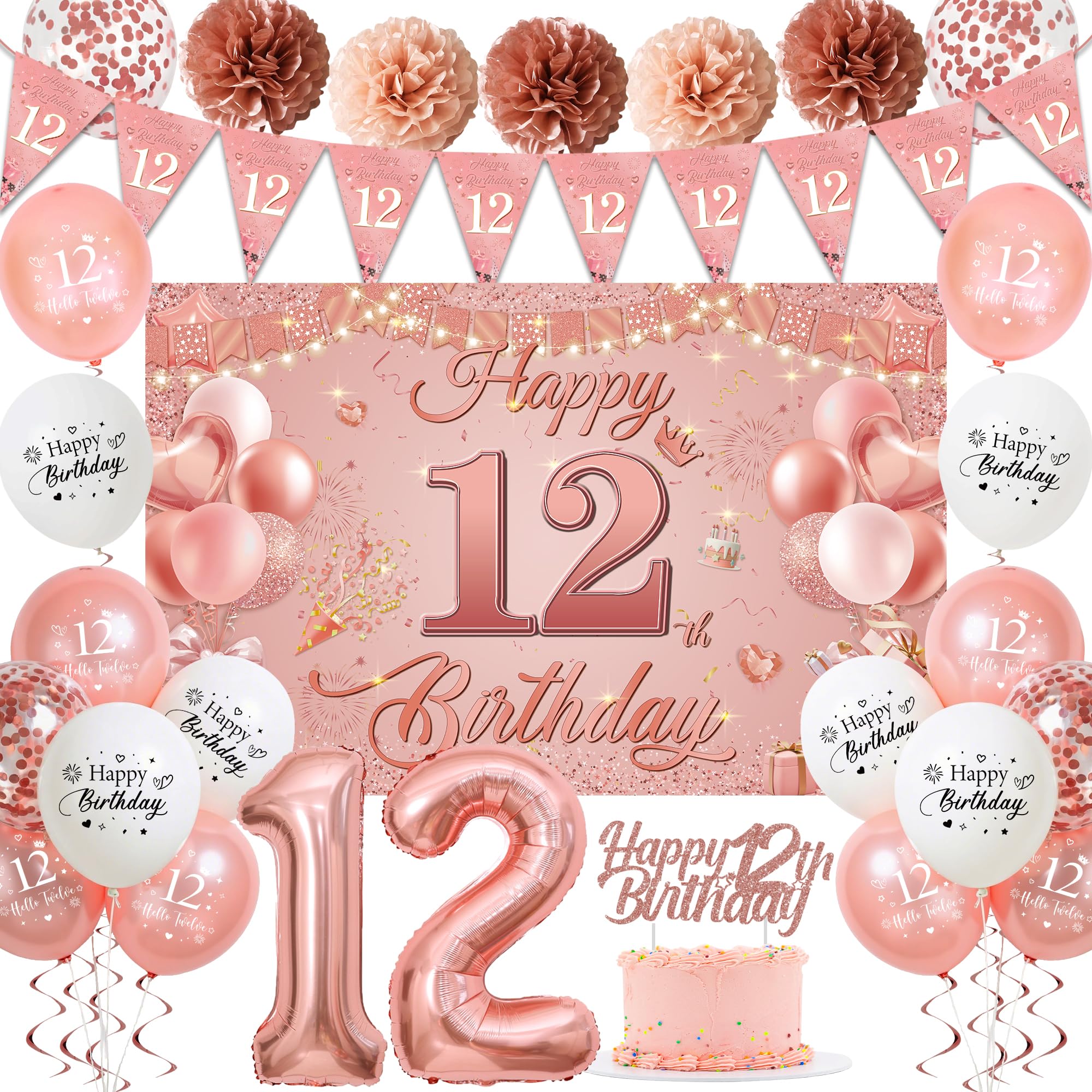 Sroeeshee 12th Birthday Decorations for Girls - Pink Rose Gold 44Pcs 12th Bday Balloon Backdrop Set with Pennant Banner Number 12 Balloons, Photo Backdrop Pom Poms Cake Topper for 12 Year Old Party โ image 1