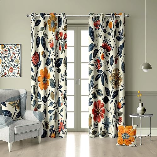 iTapnoom Cortinas opacas con hojas florales, flores bohemias rojas y amarillas, cortinas de ventana de arte estético para oscurecer con aislamiento