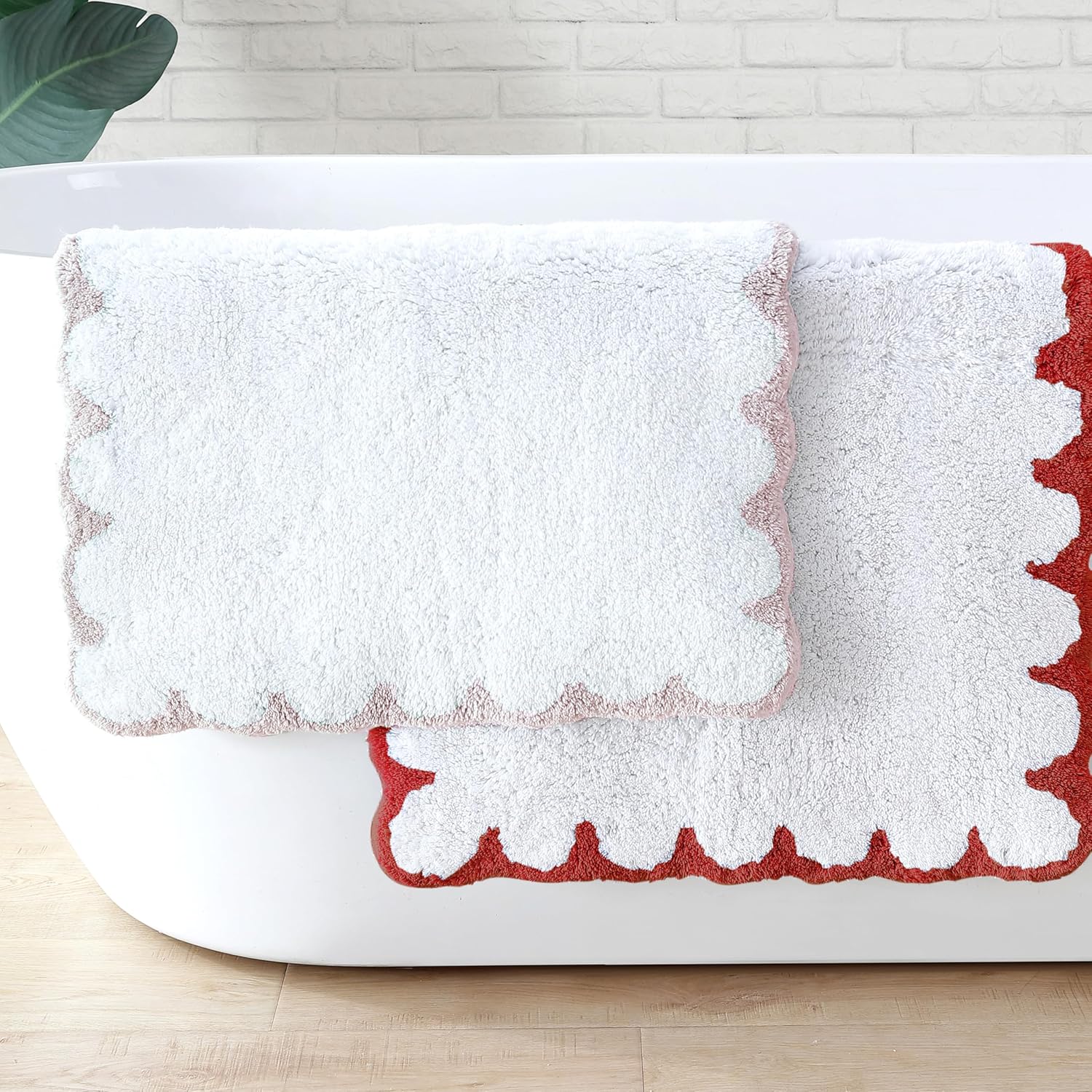 Peri Home Scalloped Bath Rug - Soft & Absorbent 100% Cotton Tufted Bath Mat, 20" x 30", White with Chili Red Scallop