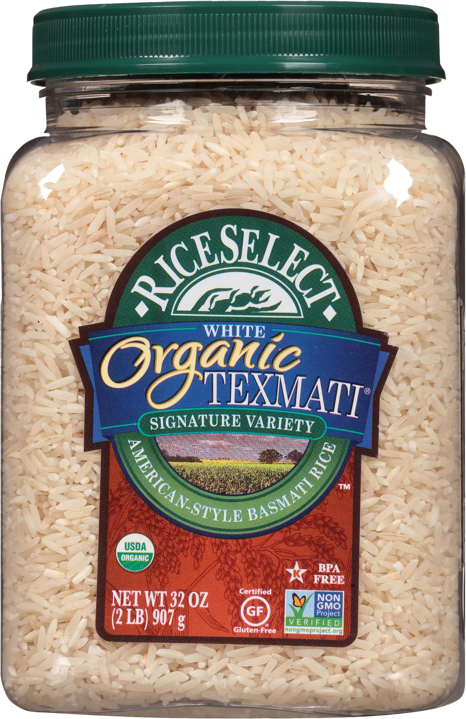 RiceSelect Organic Texmati White Basmati Rice, Premium Non-GMO Gluten-Free Long-Grain White Rice, 32-Ounce Jar
