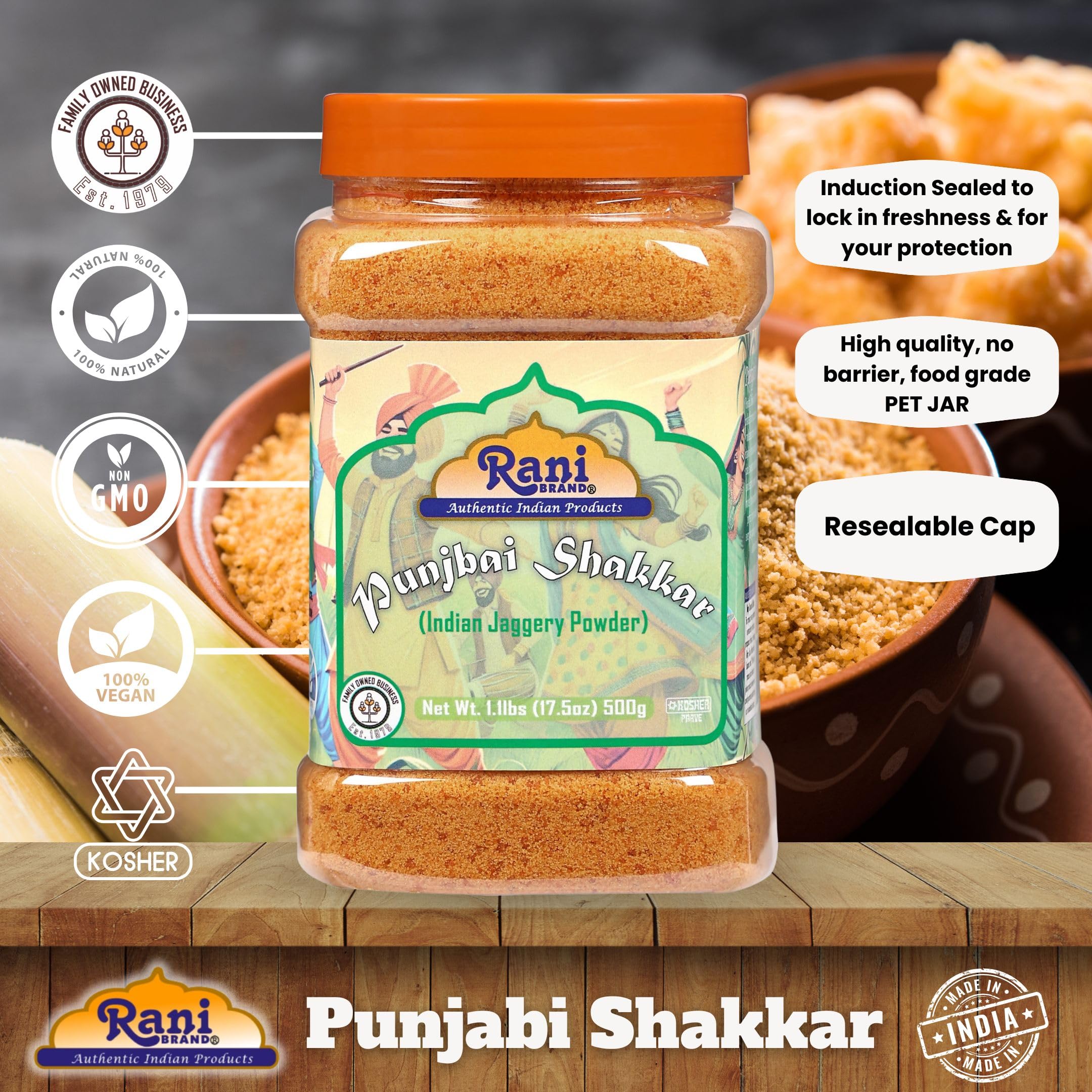 Rani Punjabi Shakkar (Polvere di Gur Jaggery) Zucchero di Canna Grezzo Indiano 17.5oz (1.1lbs) 500g Vaso in PET ~ Glutine Amichevole | Vegano | NON OGM | Senza Sale o Riempitivi | Prodotto Indiano