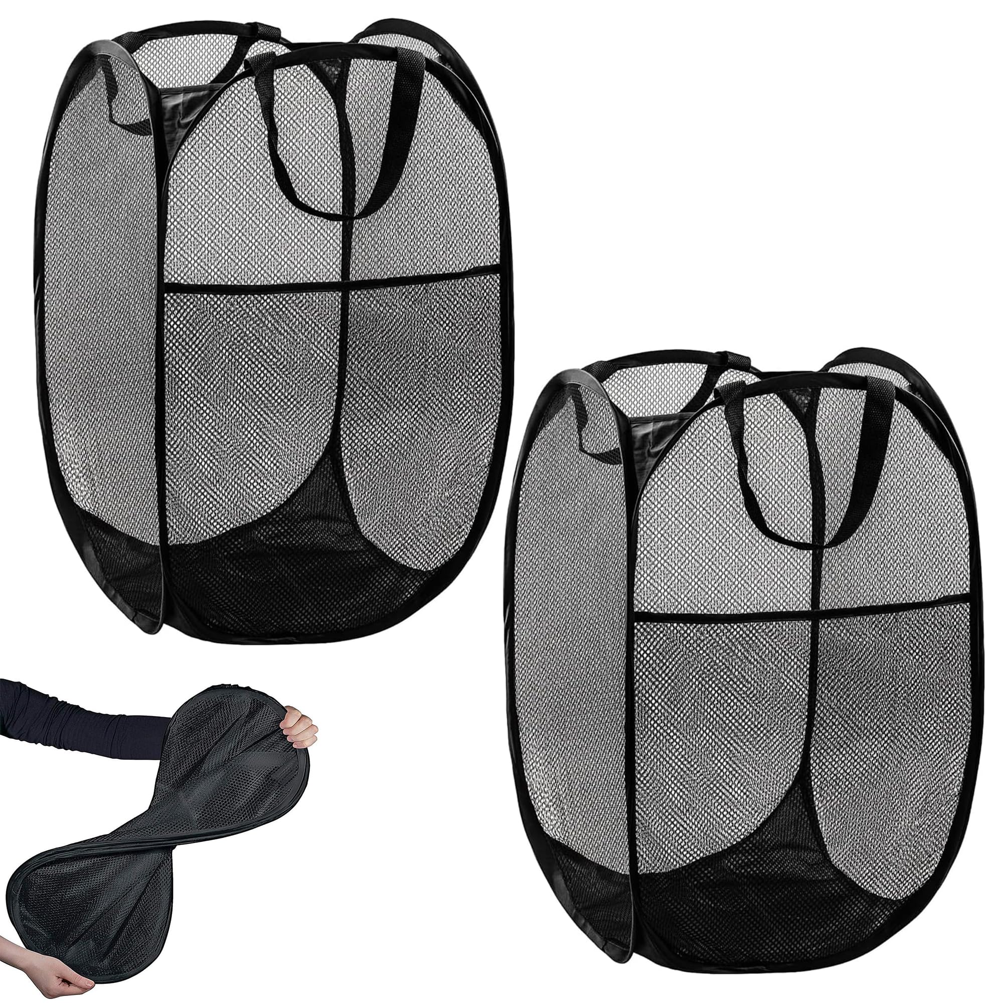 Large Collapsible Laundry Baskets 2-Pack, 70L Pop Up Mesh Folding Washing Hamper with Handles for Home, Dorm & Travel (Black)