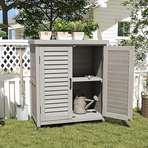 KEIKI Outdoor Potting Bench with Storage Cabinet & Metal Table Top, Weatherproof Garden Workstation, Hemlock Wood