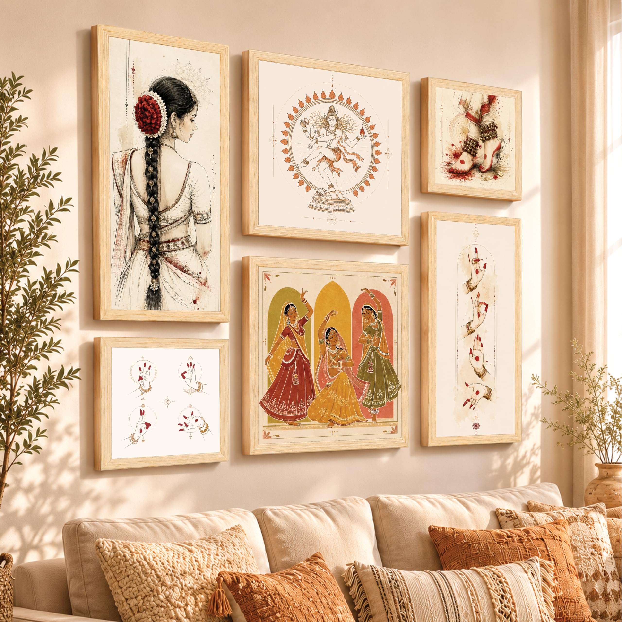 PAINTINGMANTRA Indian Classical Dance Framed Wall Painting for Living Room, Bharatanatyam Mudras & Nataraja Framed Prints, Cultural, Home Decor, Living Room, Bedroom & Office (Set of 6)-image-24