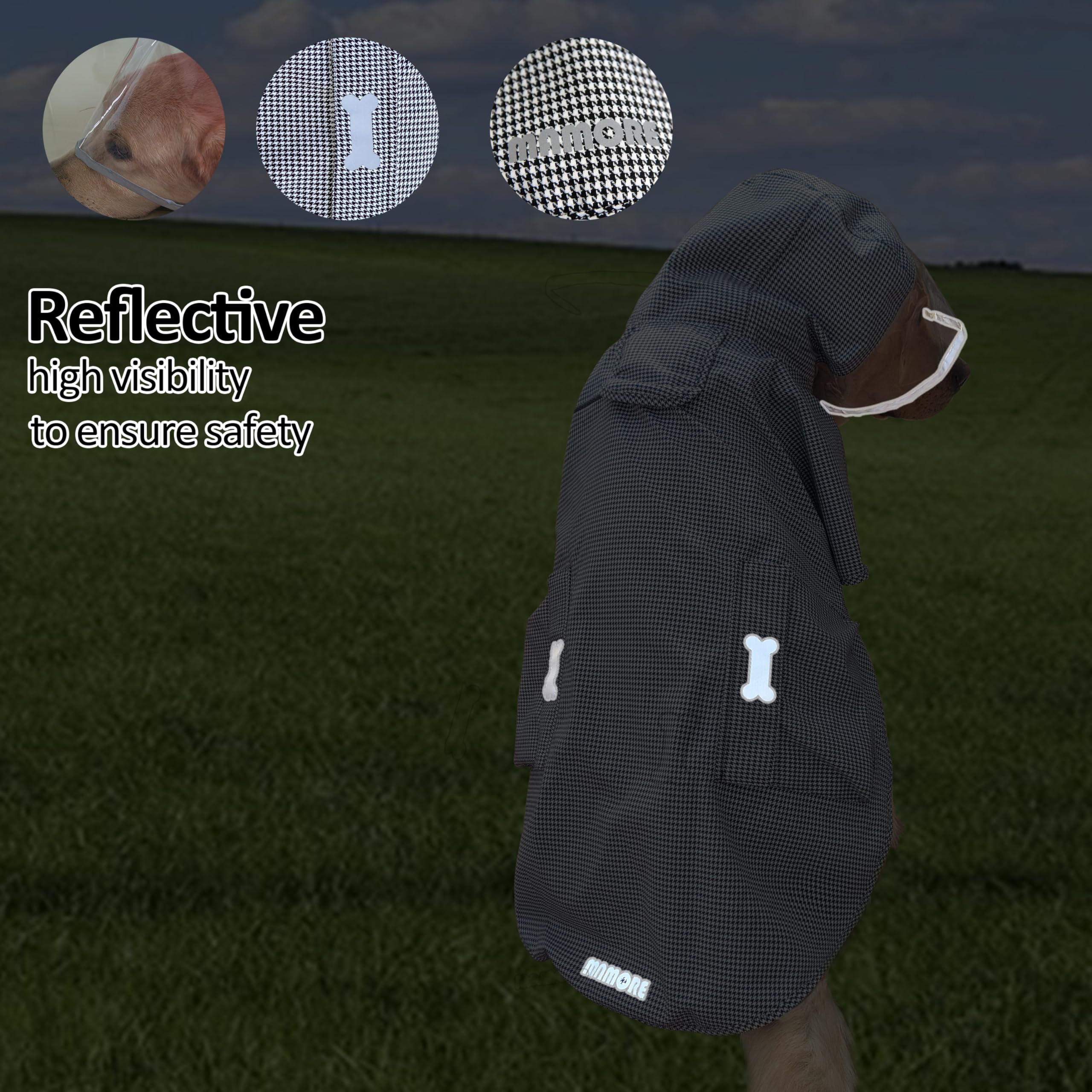Impermeable para Perro, Ajustable, Reflectante, Ligero, Ropa de Lluvia para Mascotas con Capucha Poncho (M, Negro y Blanco)