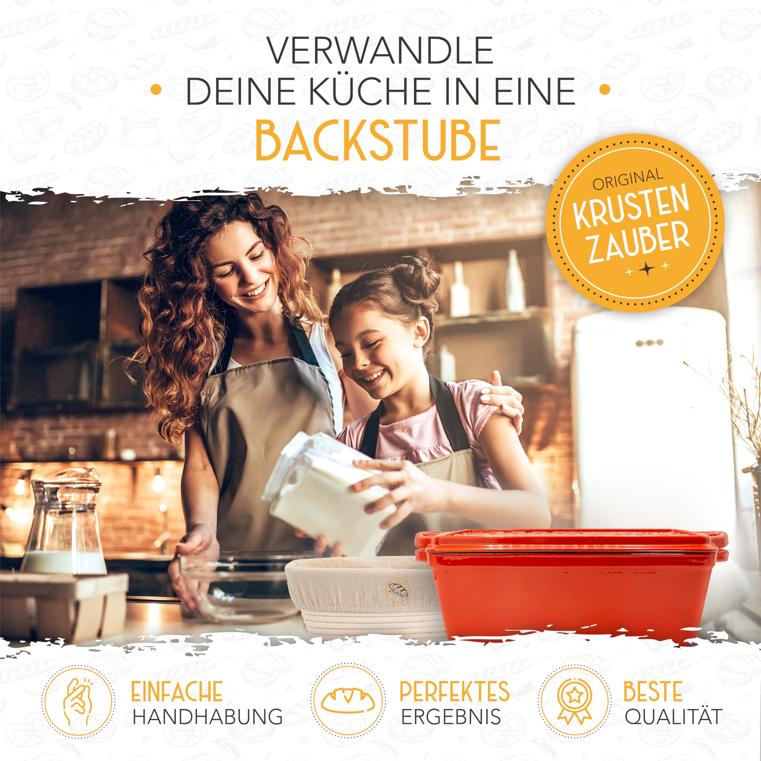 KRUSTENZAUBER Molde de pan esmaltado con tapa, incluye cesta de fermentación, molde robusto de 28 cm de hierro fundido, ideal como molde de caja, pan tostado, molde para pan, molde de pan, olla de