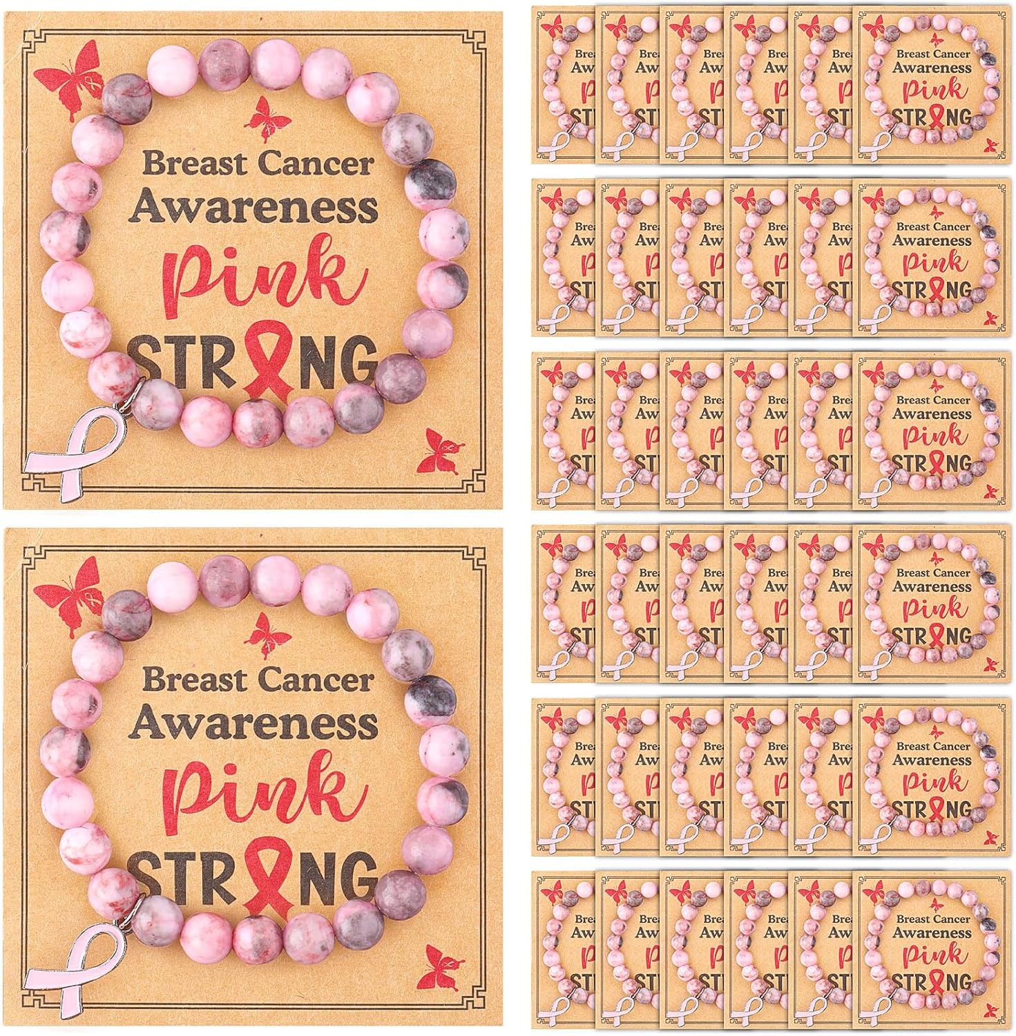 36 Pcs Breast Cancer Awareness Bracelets Gifts Pink Ribbon Breast Cancer Bracelets with Cards for Women Girls