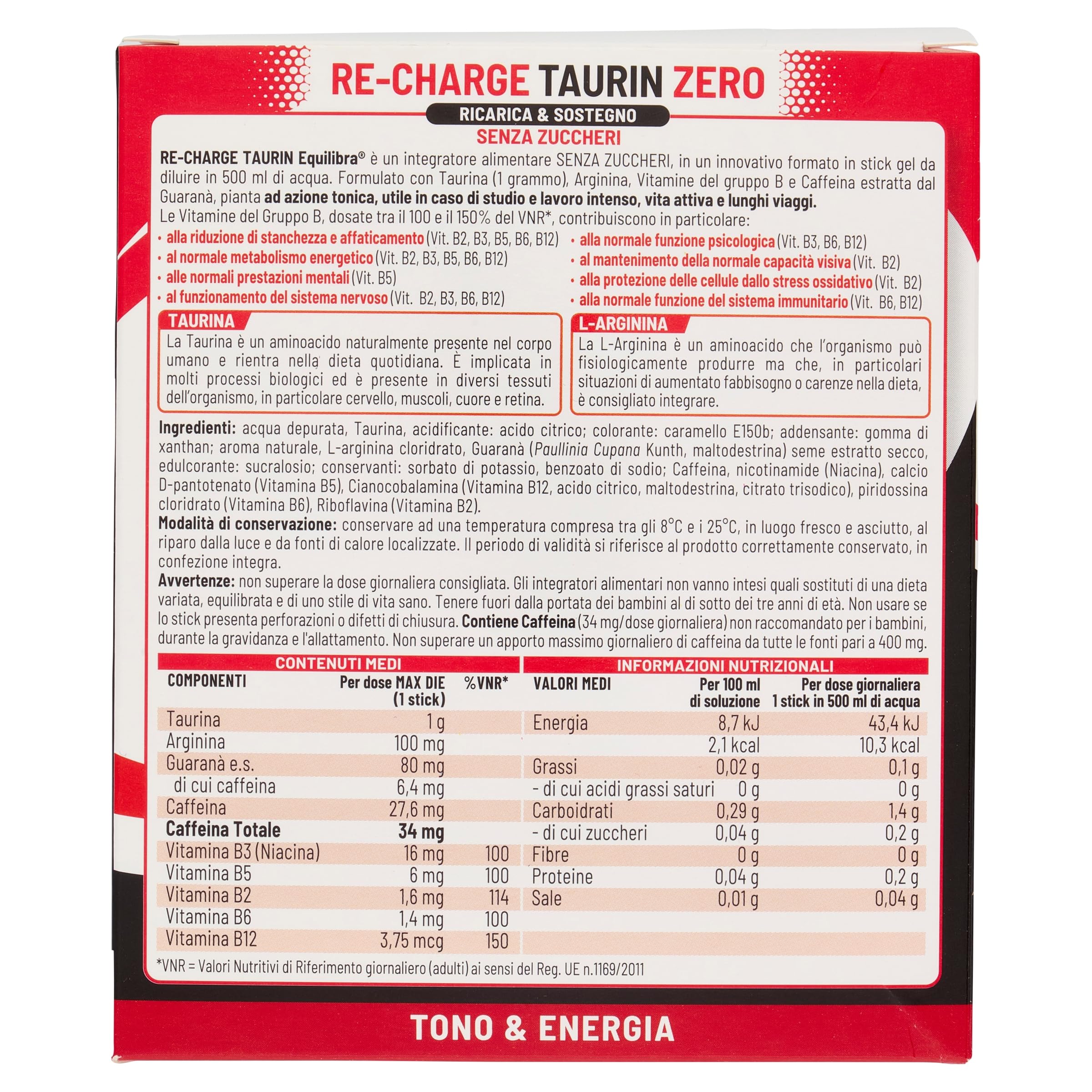 Equilibra, Taurina 1000mg, Integratore Stanchezza, Allenamento, Vegan, Senza Zuccheri, con Arginina, Caffeina da Guaranà, Vitamine Gruppo B, Gusto Cola, 12 Stick Gel da Sciogliere in Acqua