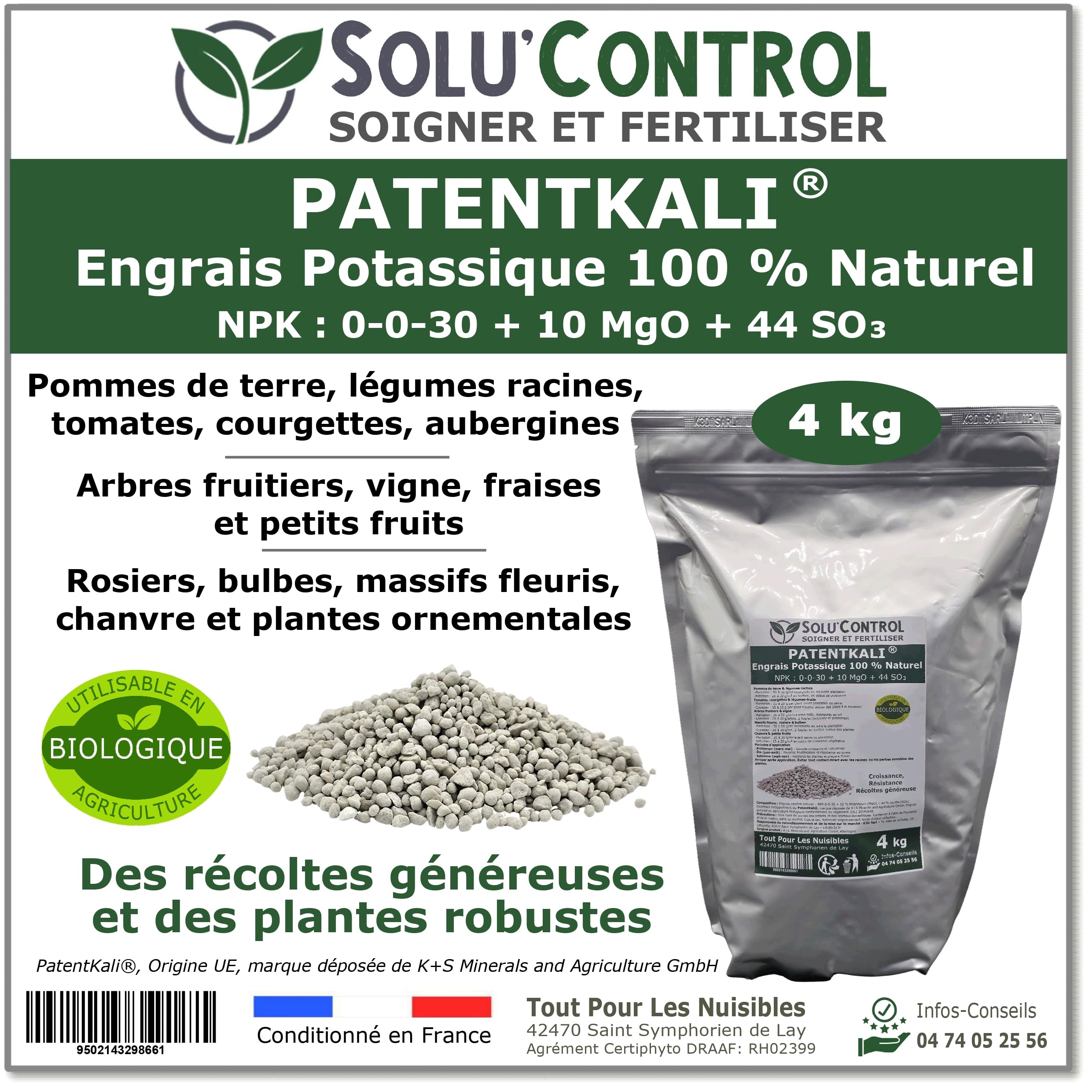 4 kg de PatentKali® SOLU’CONTROL – Engrais Potassique 100% Naturel – NPK 0-0-30 + Magnésium (MgO 10%) et Soufre (SO₃ 44%) – Plantes, Potager, Fruits, Fleurs – Utilisable en Agriculture Biologique