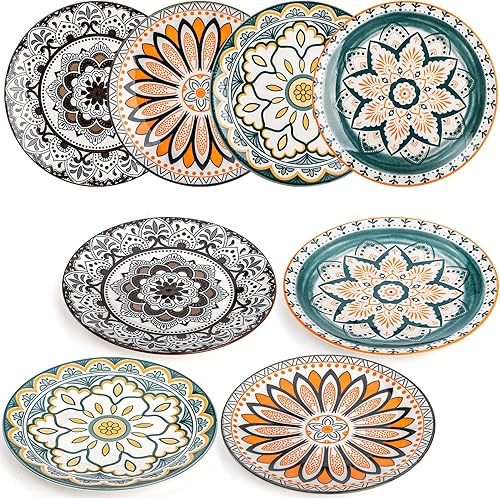 Miniatura 2 de Foraineam 8 platos de ensalada, platos de postre florales de porcelana de 8.5 pulgadas, coloridos juegos de platos redondos para almuerzo, ensalada,