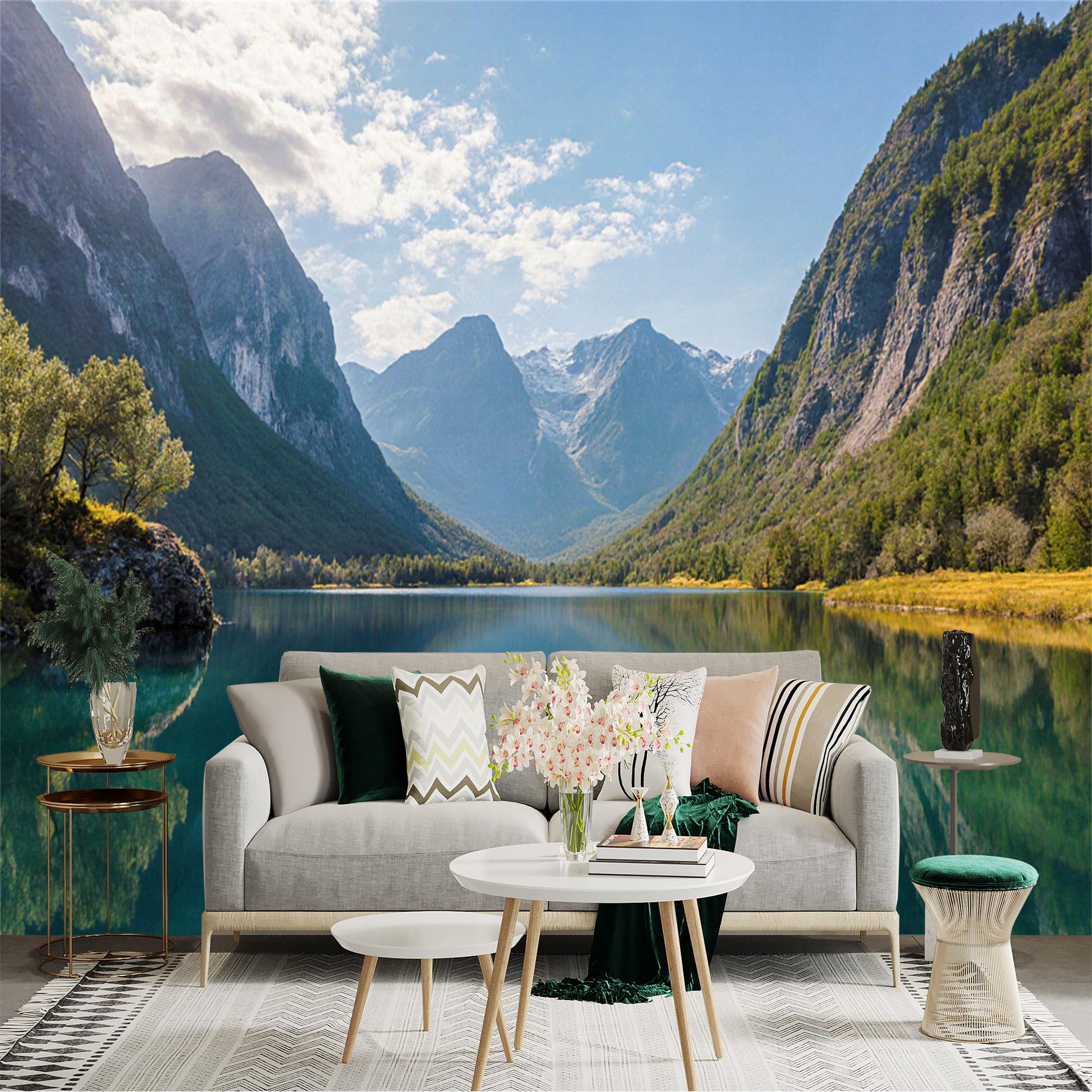 Custom Size Wall Sticker Mural， Serene Alpine Lake， Majestic Mountain Peaks， Natural Scenic Reflection， for wall Decoration， peelandstick wall Decals.