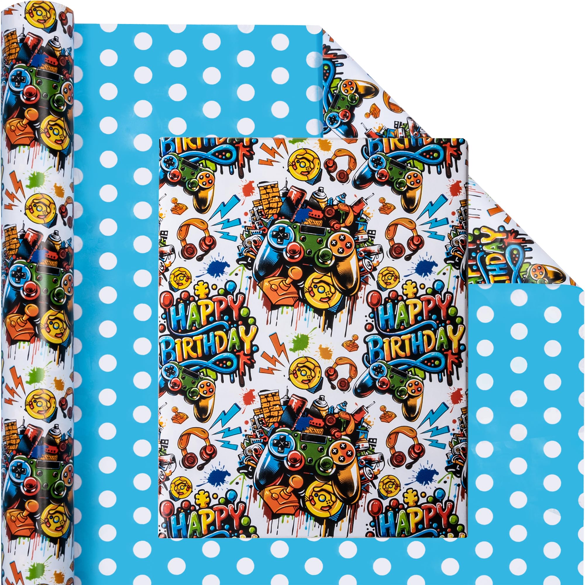 Altarho Reversible Birthday Gaming Wrapping Paper Roll - 17 Inch x 33 Feet - Video Game Birthday Gift Wrap for Game Lover Party — image 1
