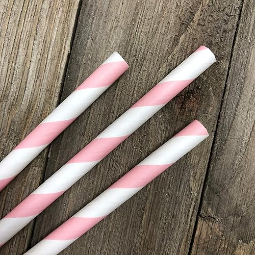 Miniatura 8 de Pajitas de papel a rayas – rubor claro rosa blanco – Suministro de cumpleaños de San Valentín para boda, baby shower, 7.75 pulgadas, paquete de 100