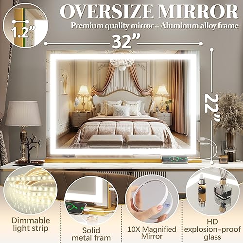 Vista 176 de FENNIO - Espejo de tocador con luces, sensor táctil con 3 modos de iluminación, aumento 10X, puerto de carga USB para mesa de tocador, dorado, 32 x