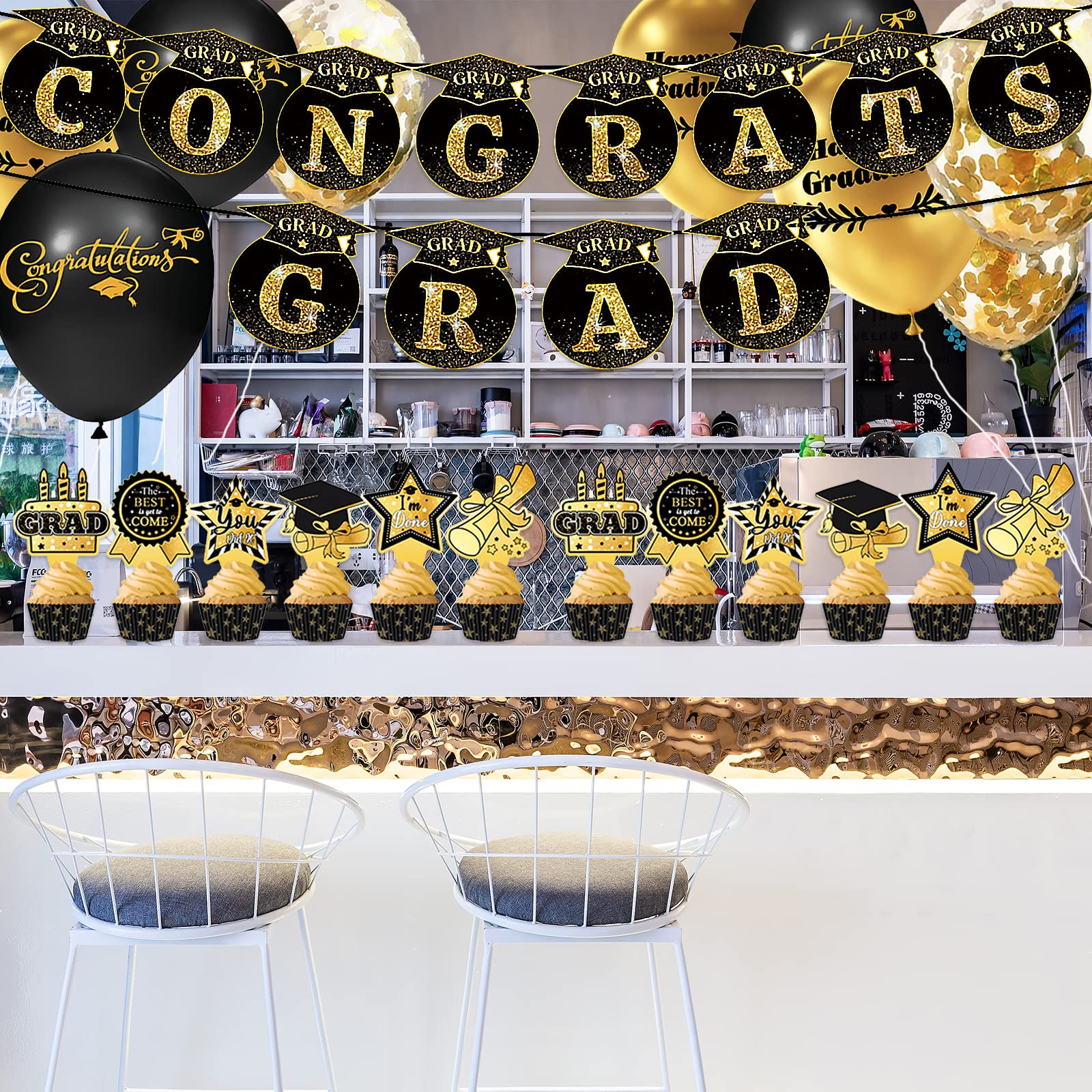9-teiliges Abschluss-Tischdeko-Set 2023 – Wabenaufsätze „Congrats Grad“, Schwarz-gold