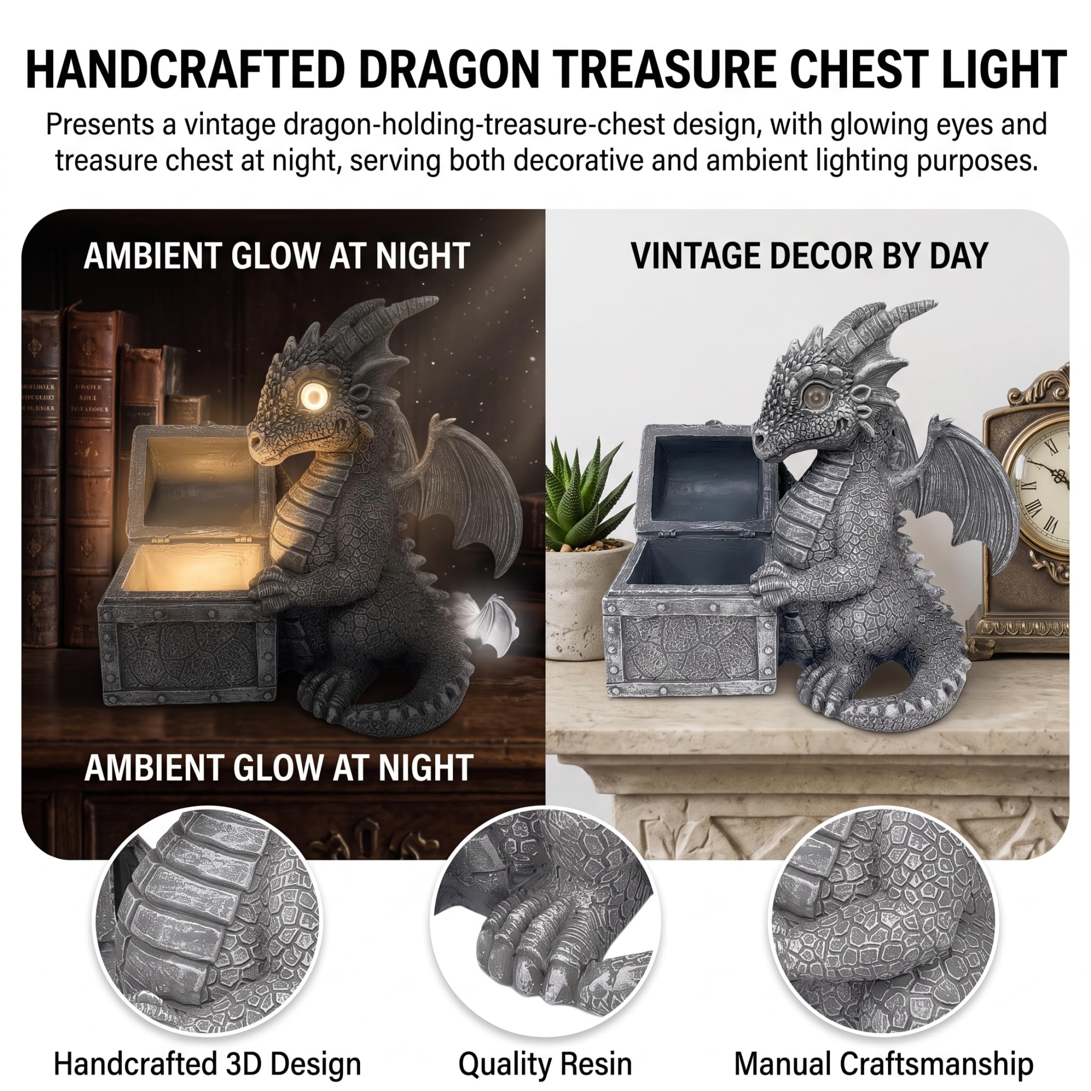 Statua del drago solare – Decorazione da giardino illuminata a energia solare, statuetta di guardia del tesoro in resina realizzata a mano, statue da giardino