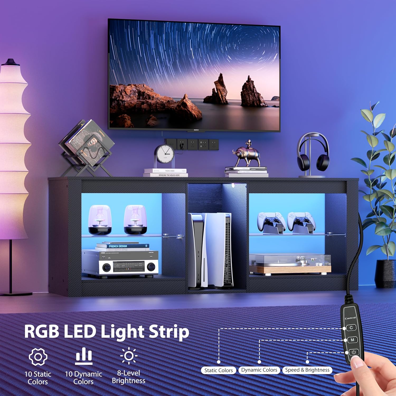 GRLEAF LED TV Stand for 50/55/60/65 Inch TV, Entertainment Center with Lights, Modern TV Console with Glass Shelves and Storage Cabinet, Media Center for Gaming Living Room Bedroom -Carbon Fiber Black - Image 4