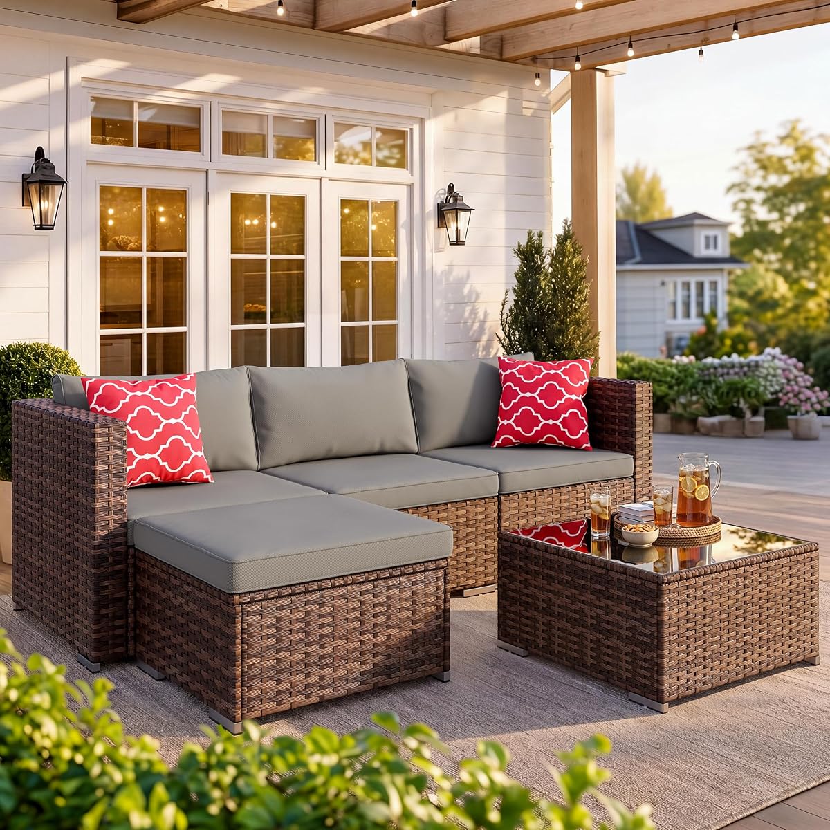 Qsun Outdoor Patio Sofa Set PE Wicker Rattan Sectional Conversation Sofa with a Glass Coffee Table for Backyard Porch Poolside Patio(Brown Rattan, Grey Cushion)
