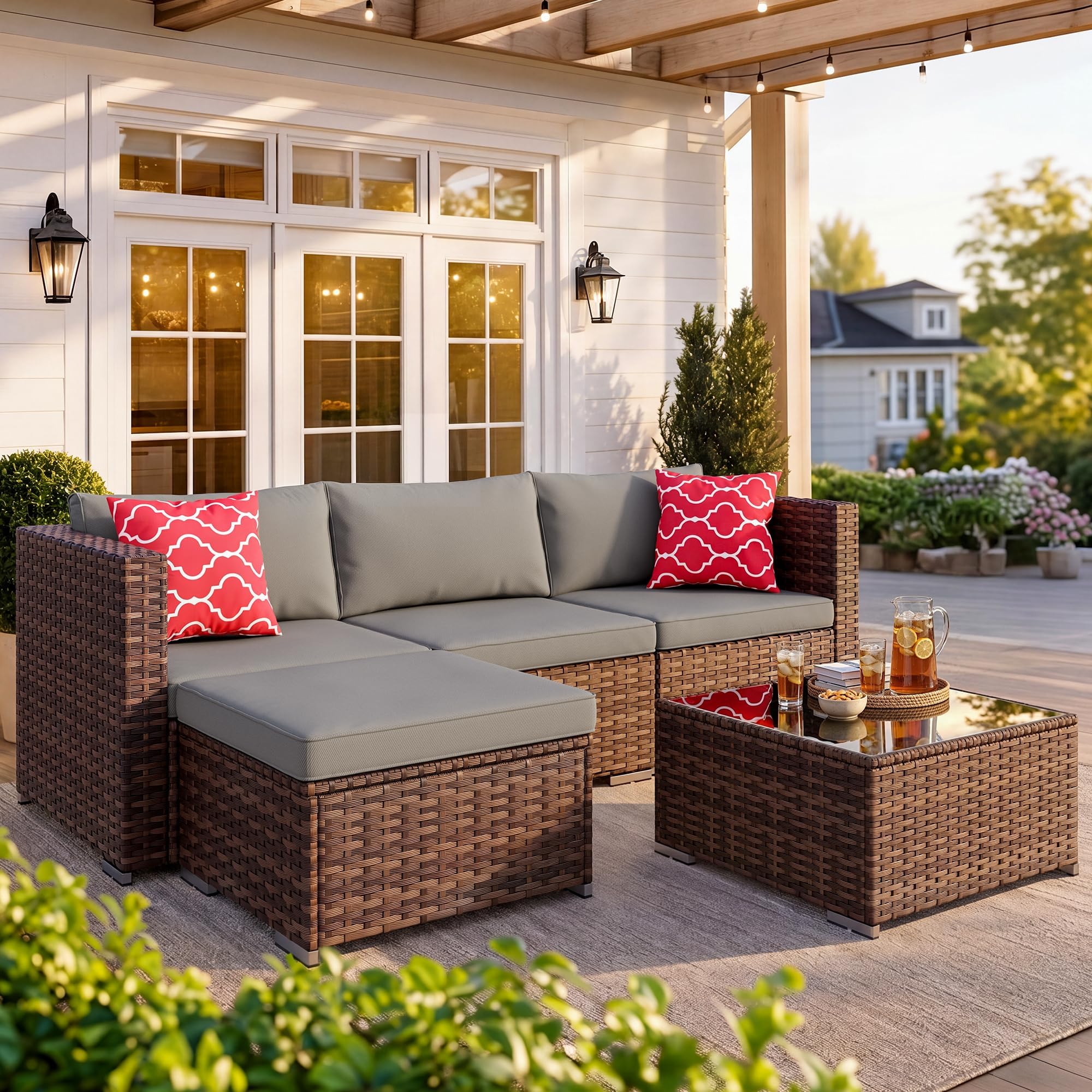 Qsun Outdoor Patio Sofa Set PE Wicker Rattan Sectional Conversation Sofa with a Glass Coffee Table for Backyard Porch Poolside Patio(Brown Rattan, Grey Cushion)