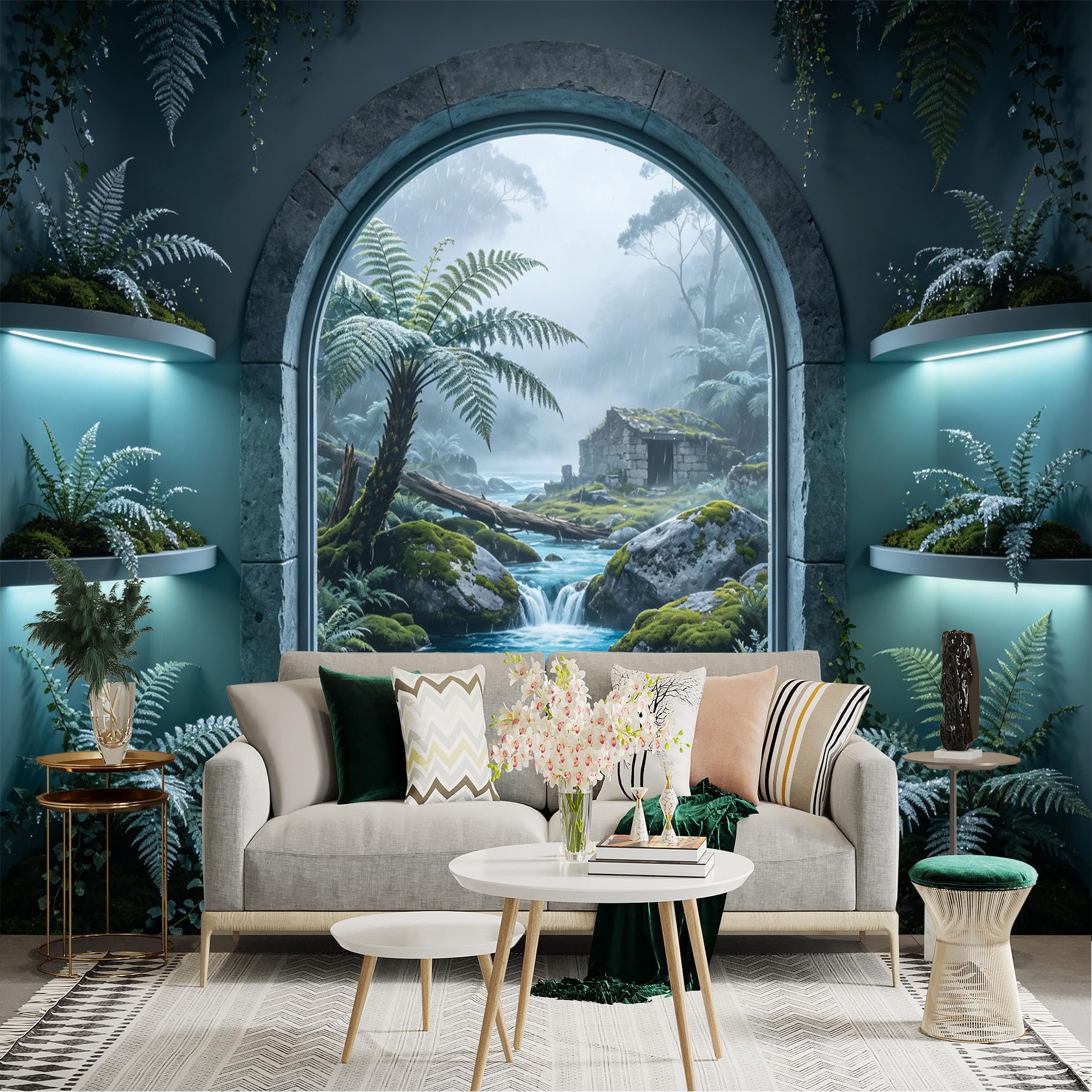 Lnzczhyre Dbh260521064 Custom Size Wall Sticker Mural， Misty Rainforest Landscape， Stone Cottage By A Serene River， Lush Ferns And Mossy Rocks， For Wall Decoration， Peelandstick Wall Decals.