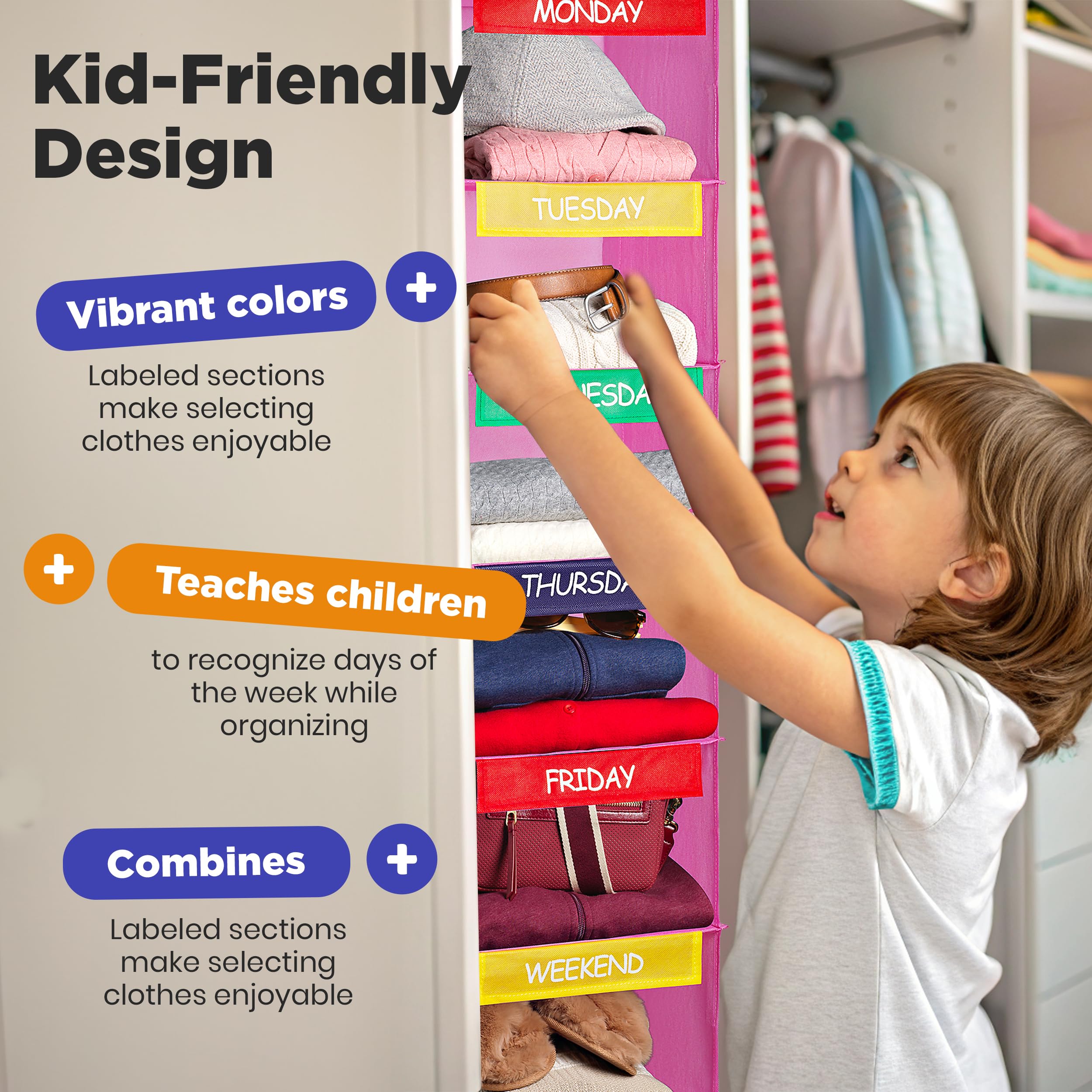 Organizador semanal de ropa para niños, 6 estantes, armario colgante, organización de ropa diaria, estantes etiquetados con días de la semana, de lunes a viernes, día de semana y fin de semana (rosa)