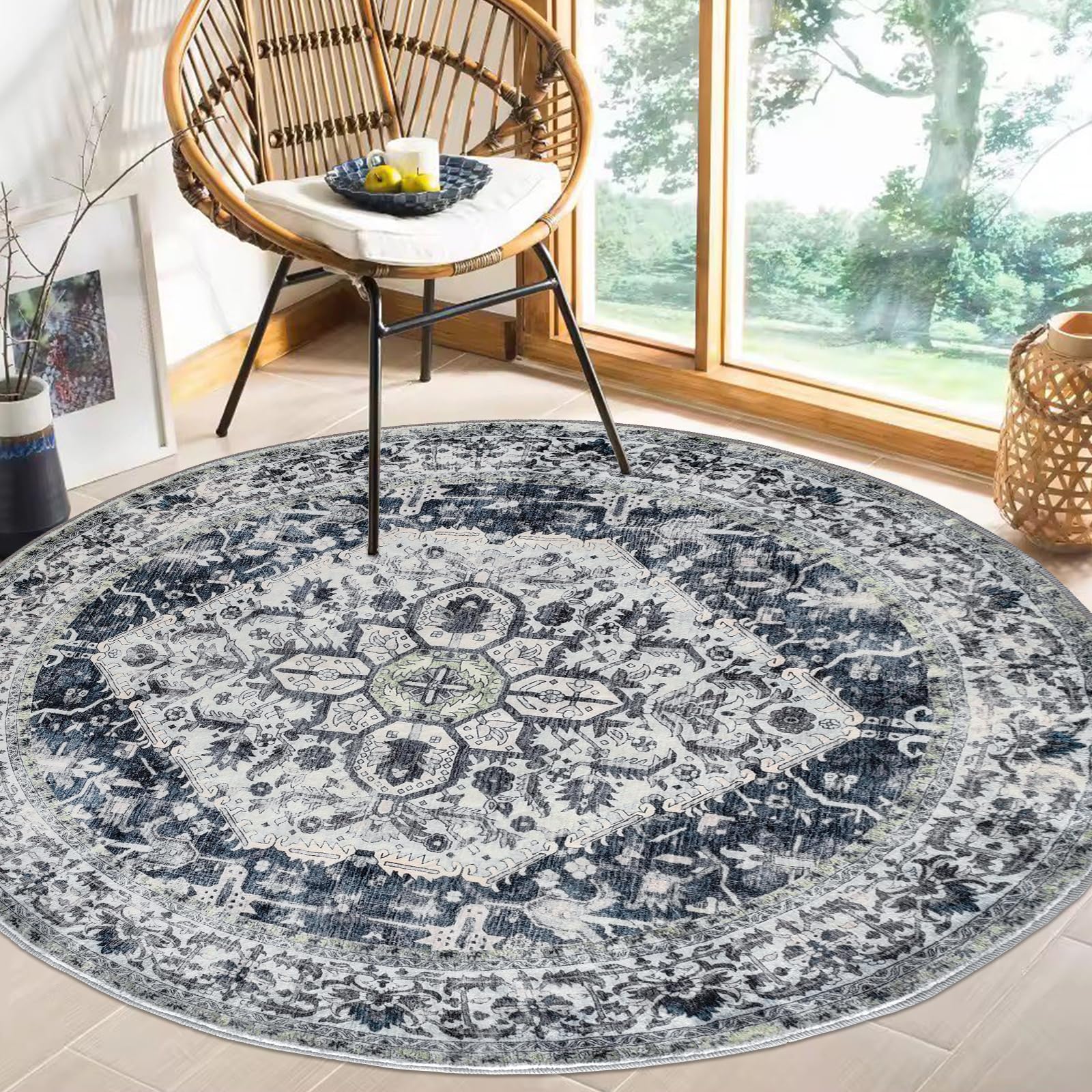 KOZYFLY Washable Round Rugs 5Ft Grey Boho Entry Rug, Non Slip Circle Dining Rugs 5'X5', Faux Wool Rugs for Bedroom, Tufted Printed Indoor Carpet for Bedroom Living Room Entryway Ding Room