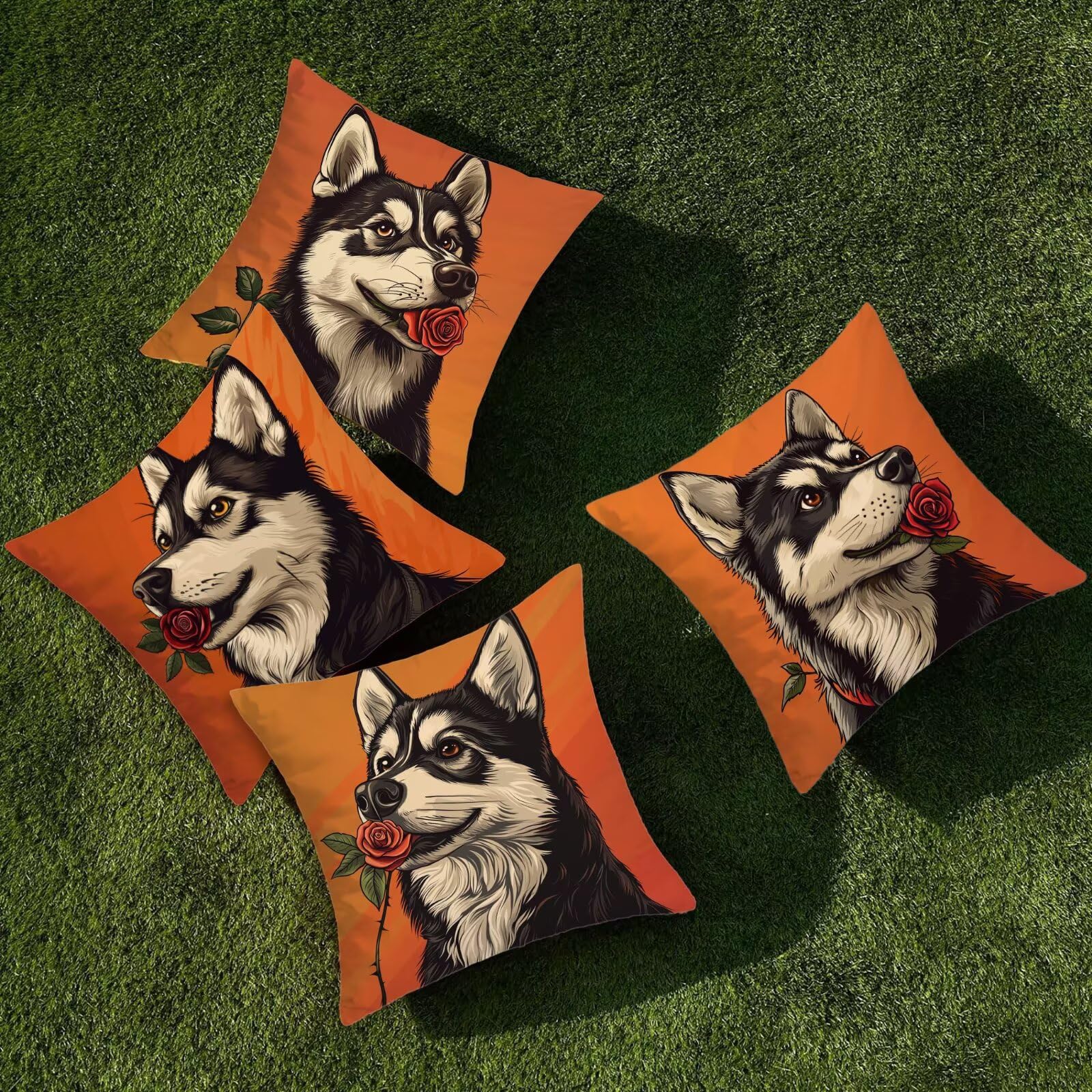 Juego de 4 Funda de Cojín Exterior Impermeable, 55x55 cm Fundas Cojínes Perro de Lino, Exterior Impermeable Lino Cojín Rosa Decorativo, Fundas de Almohada para Patio Balcón Jardín Sofá Oficina O-49