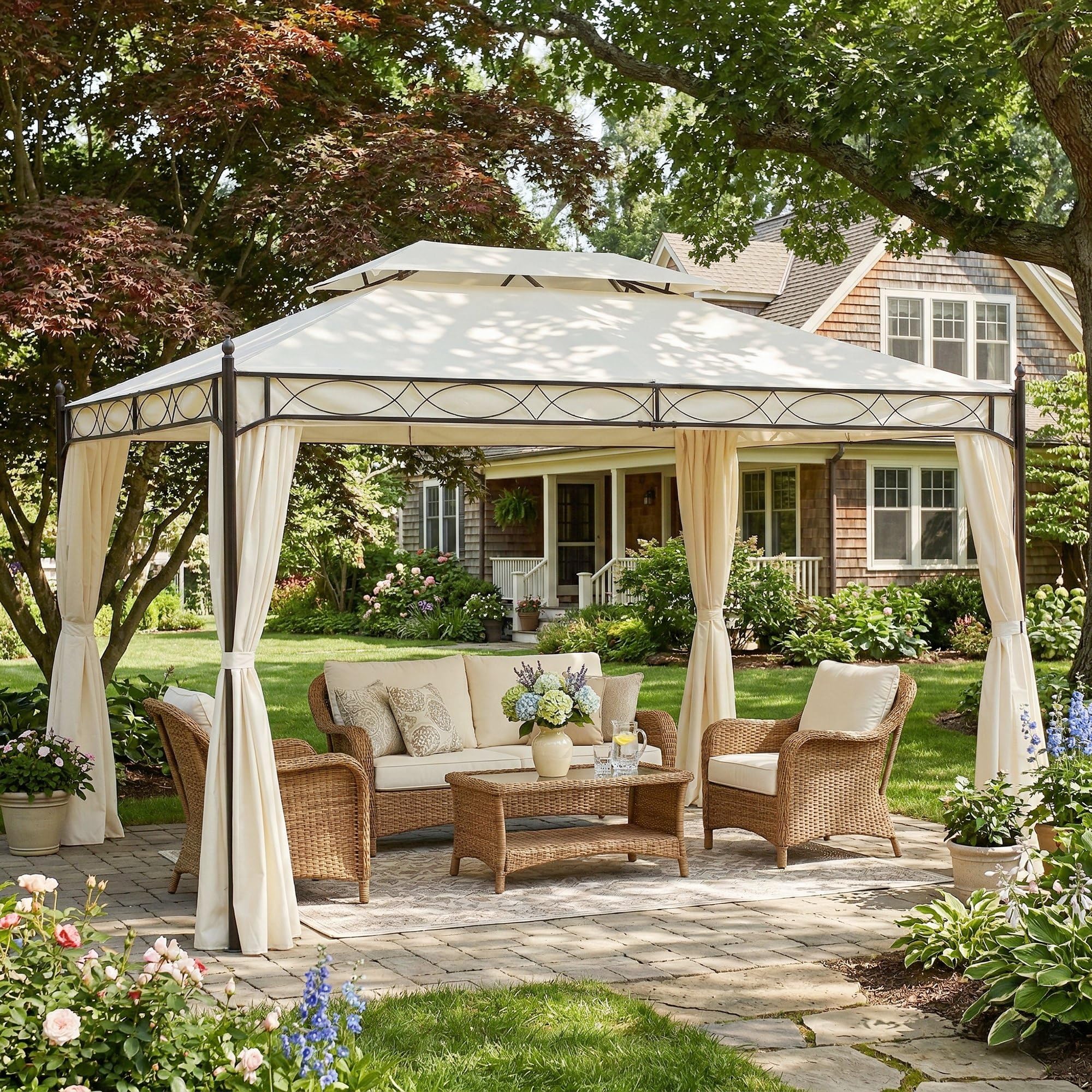 Outsunny Cenador de Jardín 4x3m Pabellón con Techo Doble Transpirable y 4 Cortinas Laterales Extraíbles Carpa de Acero Anti-UV Gazebo para Fiestas Bodas Eventos al Aire Libre Crema | Pabellón de Jardín Gazebo, Marco de Acero, 8 Orificios de Drenaje, Anti-