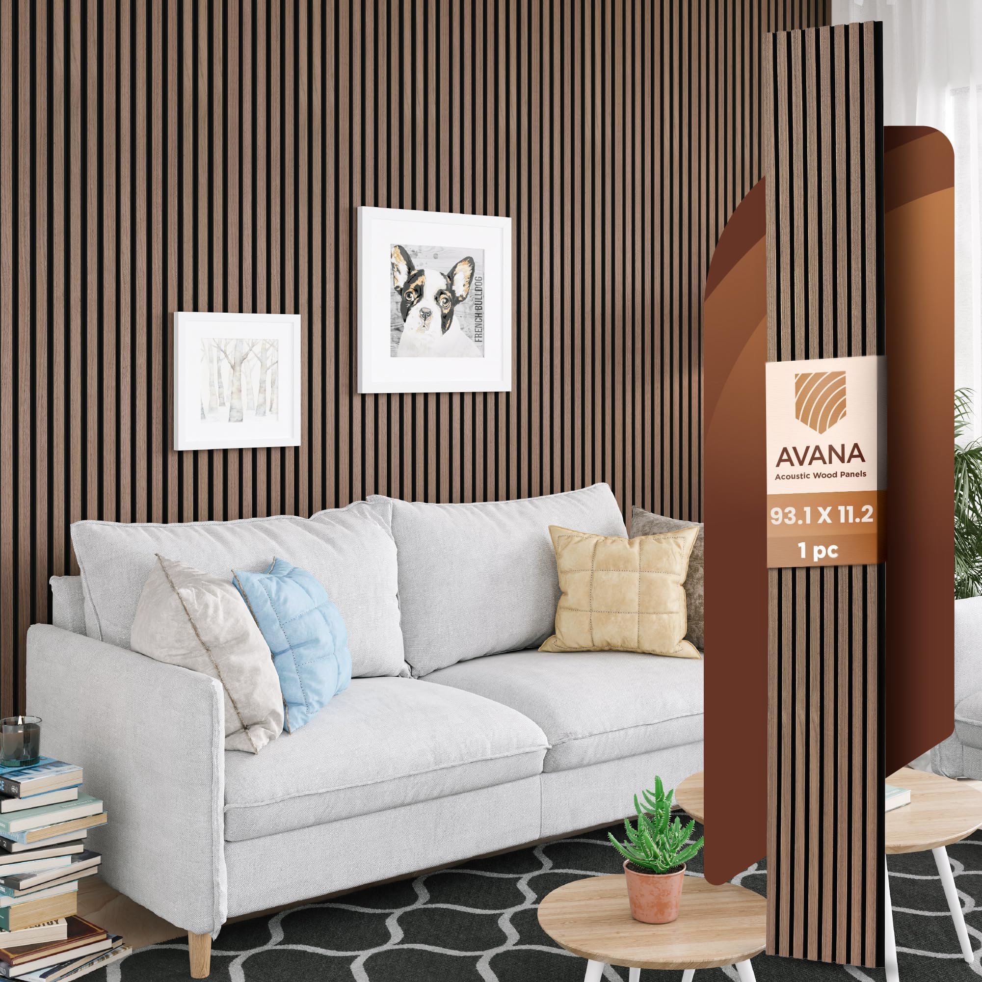 Avana Modern Acoustic Wood Wall Panels – 93.2x11.25 Inch Panels – Fits 94x12 Layout – Walnut Acoustic Panels 1 PC – Wall Panels For Interior Wall Decor For Homes, Offices – Durable Wood Panel For Wall