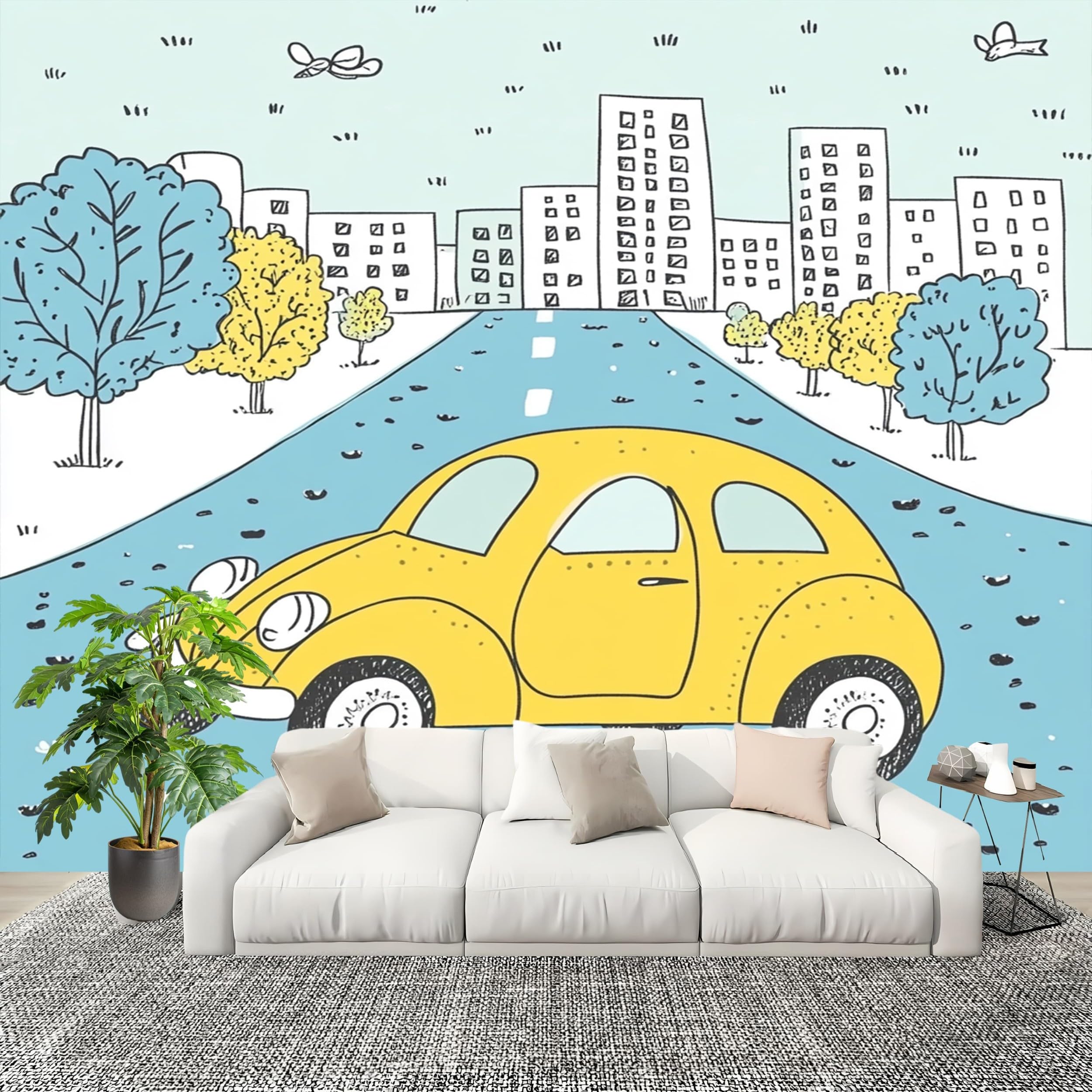 Mural 400 x 280 cm kreskówka samochód miejski włóknina modna fototapeta plakat jasny kolor tapeta dekoracja ścienna salon sypialnia nowoczesny design