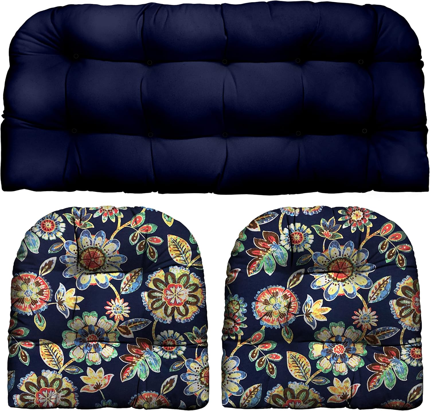 RSH DECOR: 3-Piece Wicker Tufted Cushion Set | for Large Wicker Sets | Outdoor Loveseat & U-Shaped Seat Cushions | Water & Fade-Resistant Spun Fabric | Navy Blue + Daelyn Navy