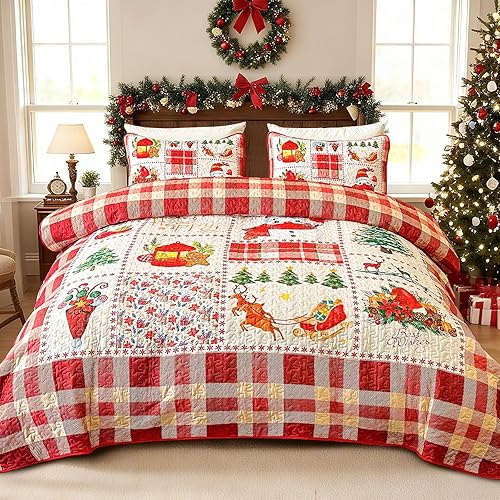 Cozyholy Queen Christmas Quilt Set 3-Piece, Reversible Patchwork Quilt Red Christmas Bedding Set Plaid Snowflake Reindeer Xmas Tree, Soft Lightweight Comforter Set Holiday Bedspread with Pillow Shams