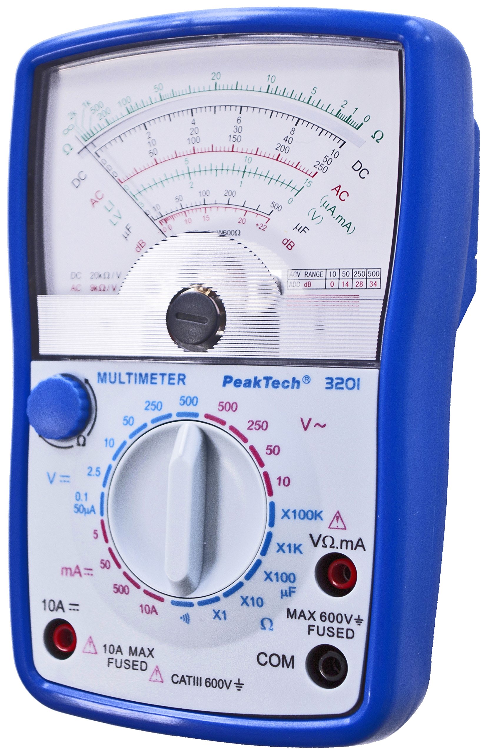 PeakTech 3201 Multimetro analogico voltmetro amperometro tester di continuità ohmetro fino a 600 V AC e DC 10 A adatto per installazioni elettriche a 230 V